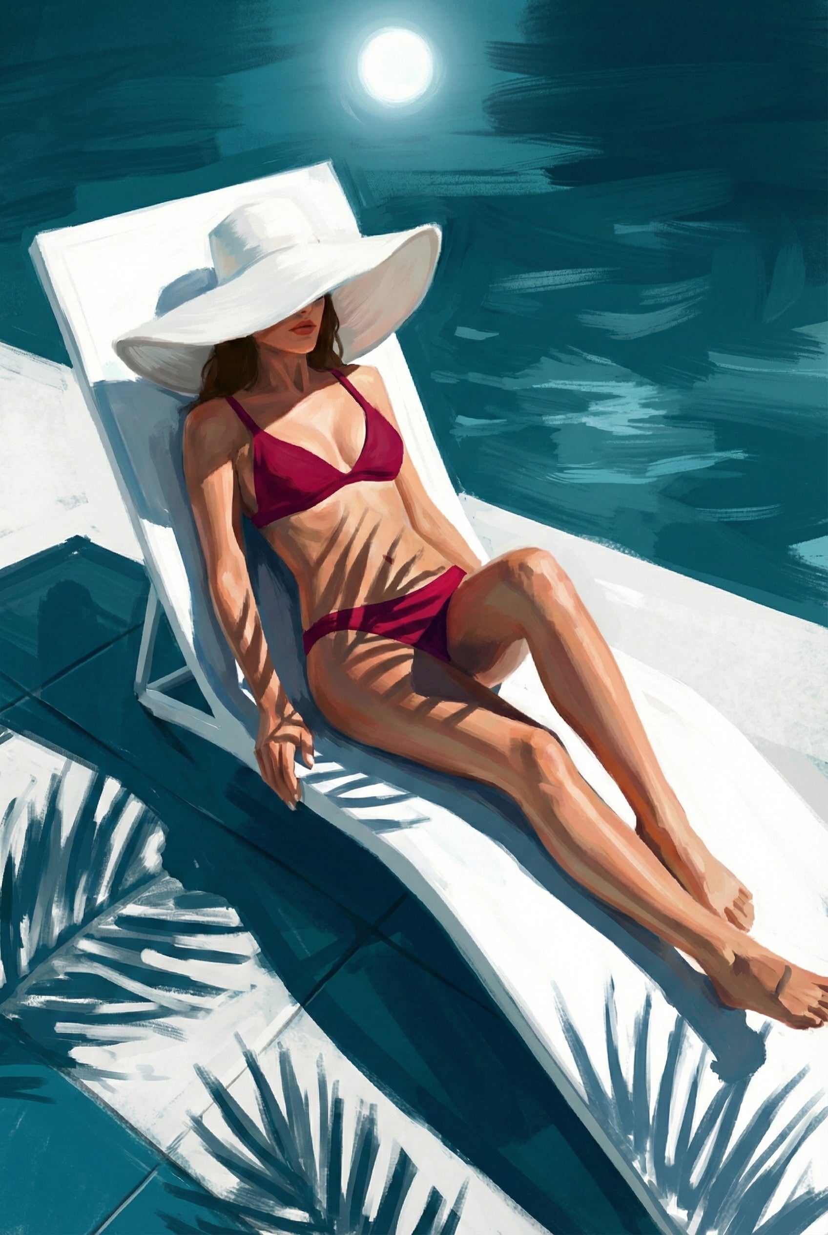 Sun-drenched painting of a woman in a red bikini and oversized white hat reclining on a white pool chair, palm shadows falling across her toned body and the turquoise water shimmering nearby.