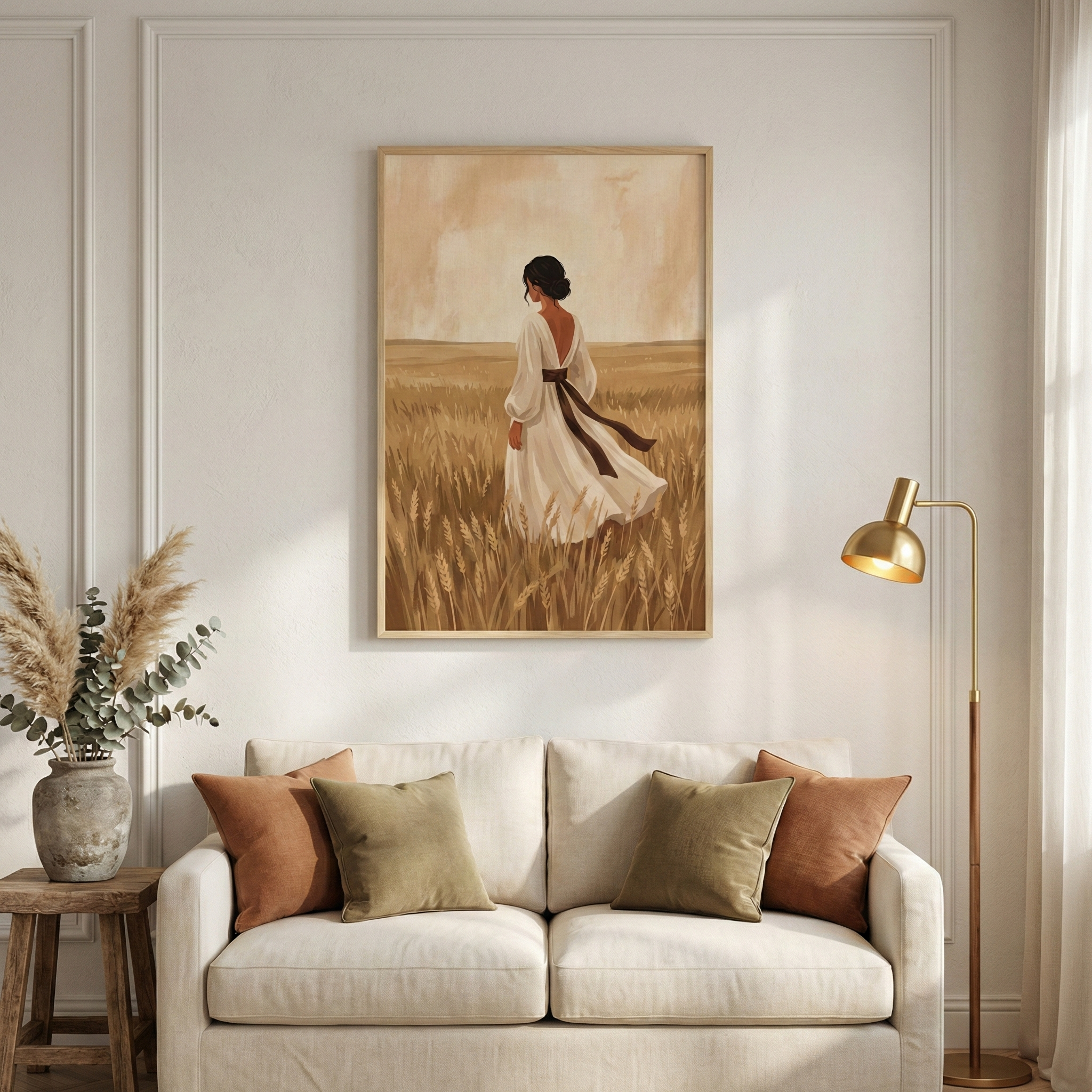 A vertical framed illustration of a woman with her hair in a bun, wearing a long white dress with a brown ribbon sash, walking through a golden wheat field. The style is minimalist with warm tones. This artwork is hung on a white paneled wall above a beige sofa. The sofa has four pillows in earthy colors like terracotta and muted green. To the left is a small wooden stool with a vase containing dried pampas grass. To the right stands a gold-toned floor lamp.