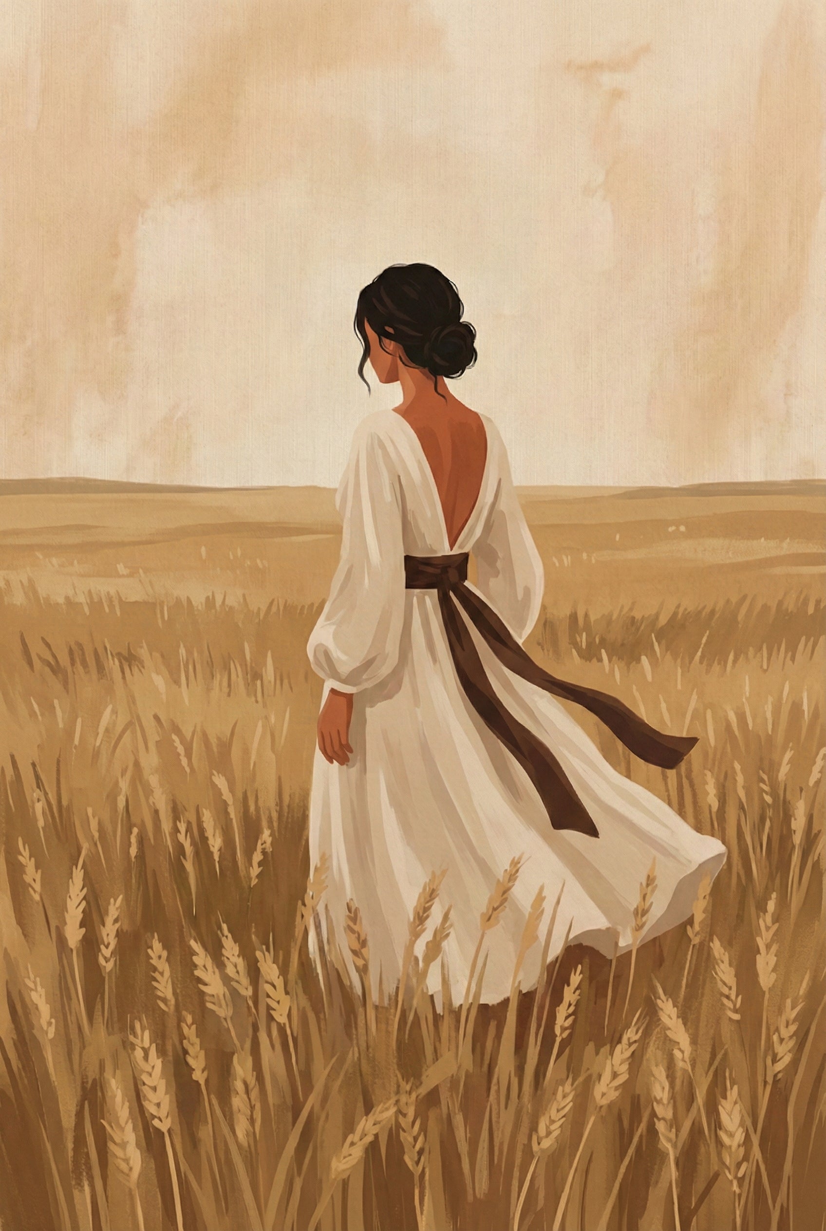 Soft-toned painting of a woman standing in a golden wheat field, wearing a flowing cream dress with a brown ribbon, gazing quietly at the open horizon.