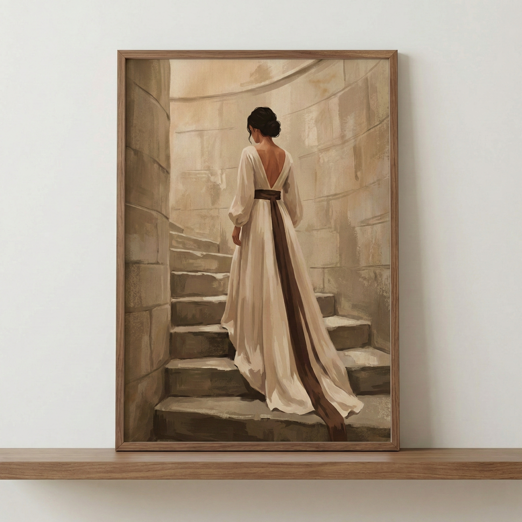 This illustration features a woman from a back view as she climbs a stone spiral staircase. She is dressed in an elegant, floor-length cream gown with long, billowy sleeves and a dramatic open back. A long, dark brown ribbon is tied at her waist, cascading down the steps. Her dark hair is styled in a neat bun. The background consists of large, weathered stone blocks, all rendered in soft, sepia-toned hues. The piece is held in a simple wooden frame on a shelf.