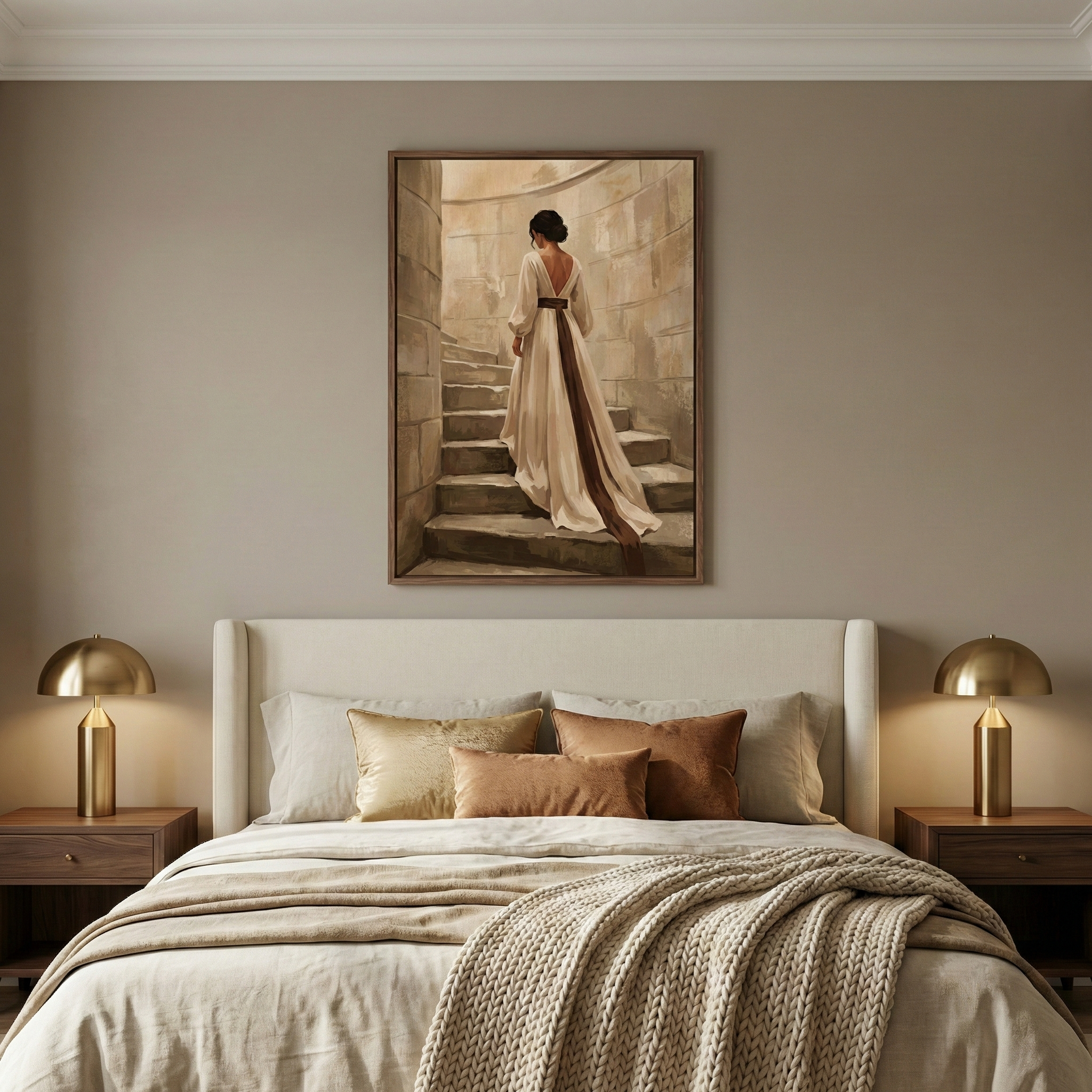 A serene bedroom features a neutral and warm color palette. Centered above a cream-colored upholstered headboard is a large framed artwork depicting a woman from behind, wearing a flowing, light-colored gown with a dark brown sash, as she ascends a stone spiral staircase. On either side of the bed are dark wood nightstands, each topped with a contemporary brass lamp that has a smooth, domed shade and casts a warm glow. 