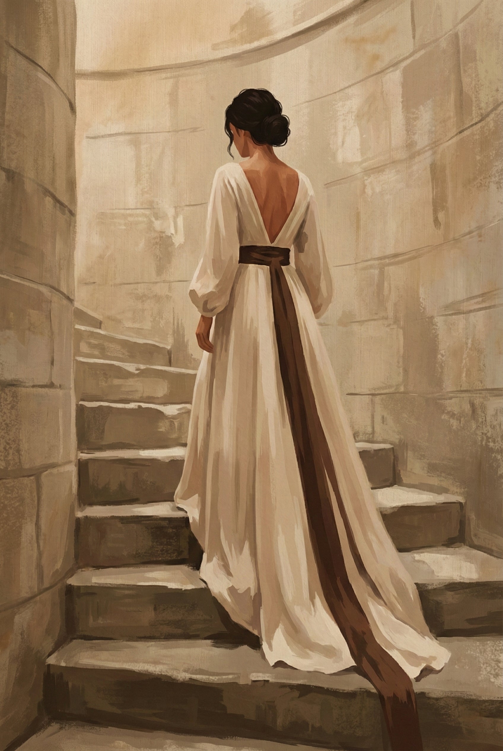 Illustration of a woman walking up curved stone stairs in a long ivory dress with a brown sash trailing behind, surrounded by warm, textured walls.