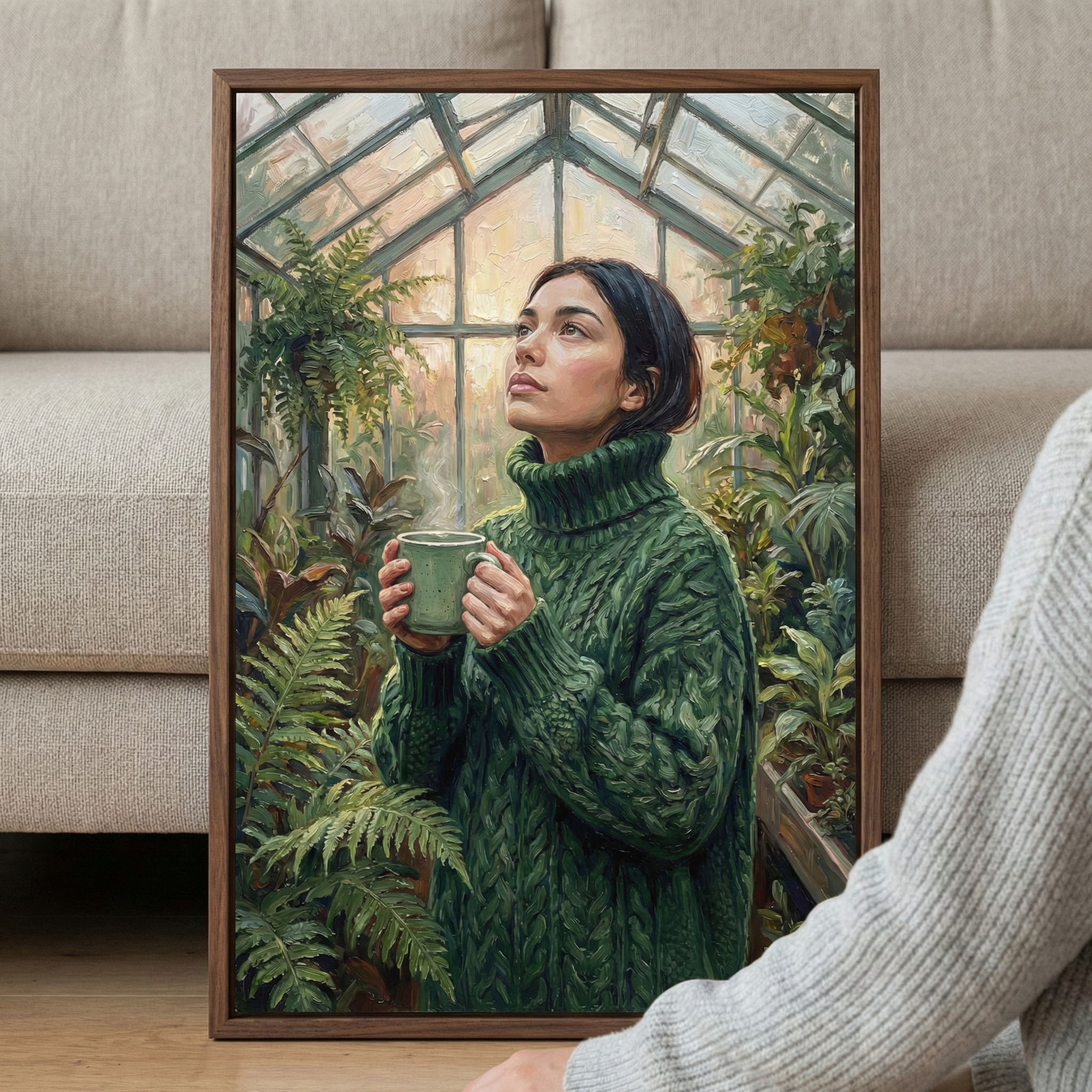 A framed artwork leans against a neutral-colored sofa. The image depicts a young woman with dark hair looking upward with a peaceful expression. She is clad in a thick, green cable-knit sweater and holds a steaming mug. She is positioned among lush green plants and ferns inside a glass-roofed conservatory, with soft light glowing from above. In the corner of the frame, a person wearing a similar gray knit sweater is partially visible, holding or placing the piece.