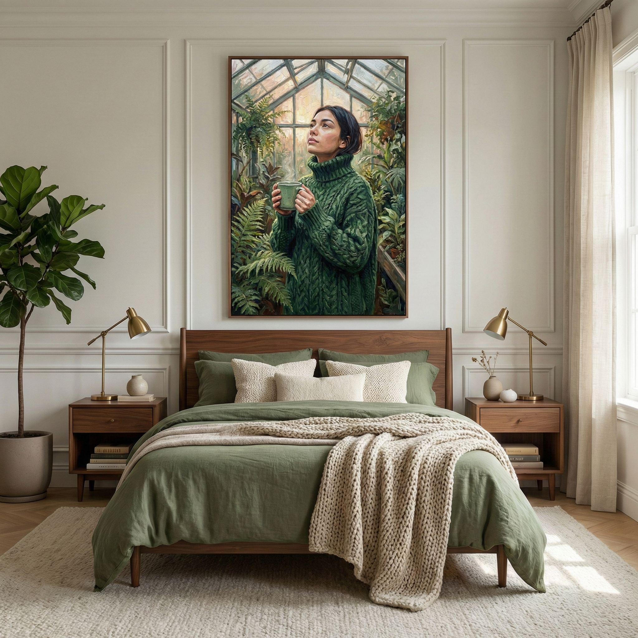 A cozy bedroom features a wooden bed frame with sage green bedding and a cream-colored textured throw blanket. Above the headboard hangs a large rectangular artwork depicting a woman in a dark green cable-knit sweater holding a steaming mug in a lush greenhouse. Matching wooden nightstands with gold-toned lamps sit on each side of the bed. A tall leafy plant in a large pot stands to the left, and a window with sheer curtains is on the right. The walls have elegant panel molding.
