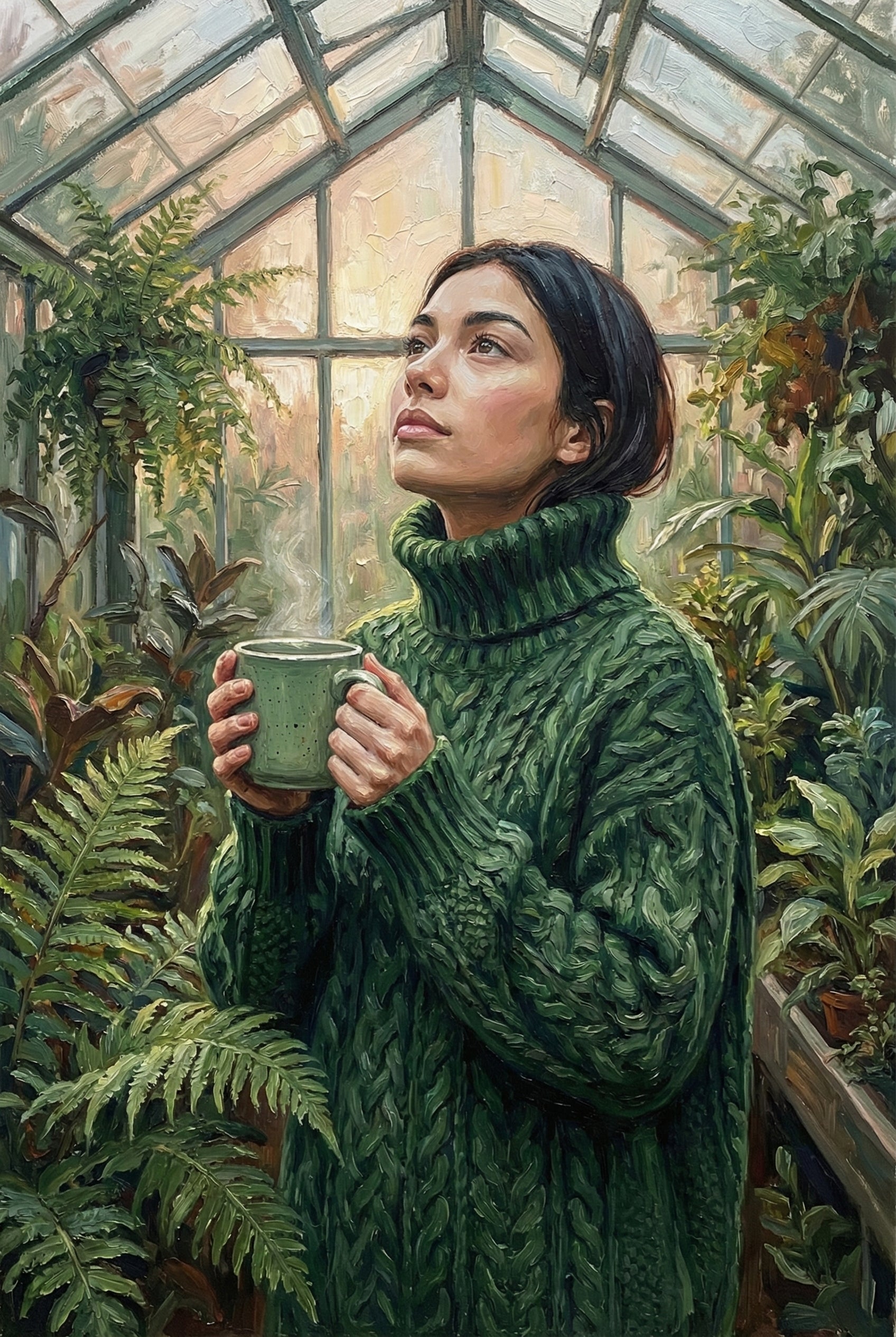 Lifelike painting of a woman in a thick green sweater holding a mug and gazing upward in a sunlit greenhouse surrounded by lush green plants.