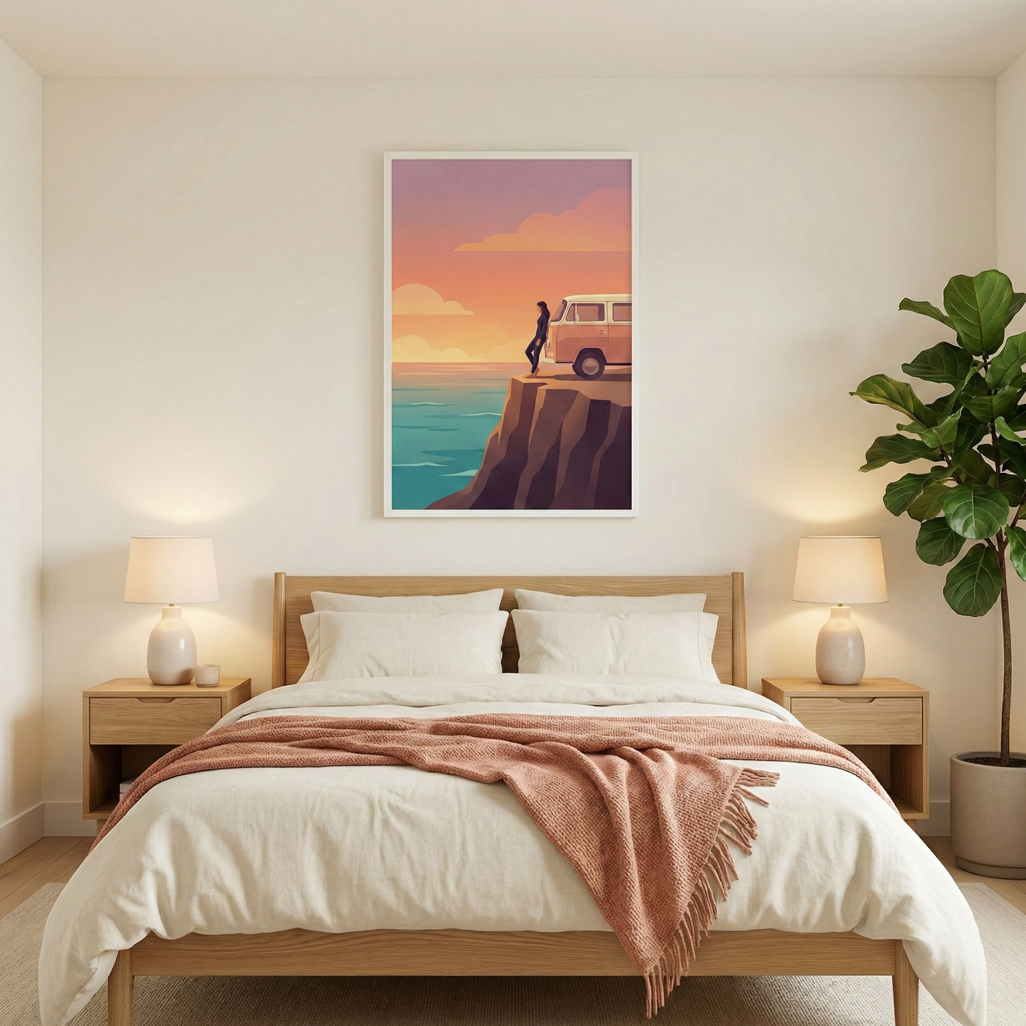 A serene bedroom features a light-toned wooden bed frame with plush white bedding and a textured, terracotta-colored fringed throw blanket. Flanking the bed are two matching wooden nightstands, each topped with a lit ceramic lamp that casts a warm glow. Centered on the wall above the bed is a large framed artwork showcasing a stylized illustration of a person leaning against a vintage van on a cliffside at sunset. To the right, a large leafy green plant in a neutral pot sits in the corner.