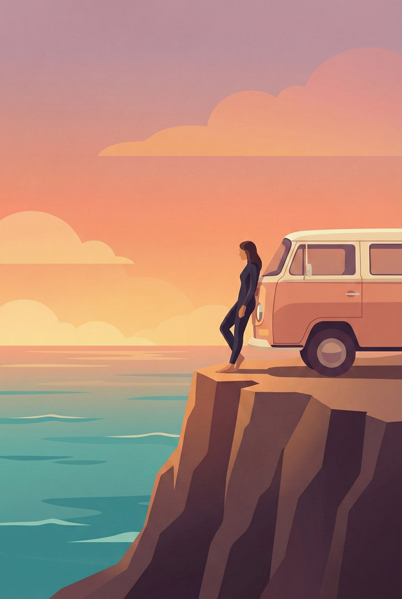 Stylized artwork of a woman in a wetsuit standing barefoot near a vintage van parked on a seaside cliff, gazing at the ocean under a warm sunset sky.
