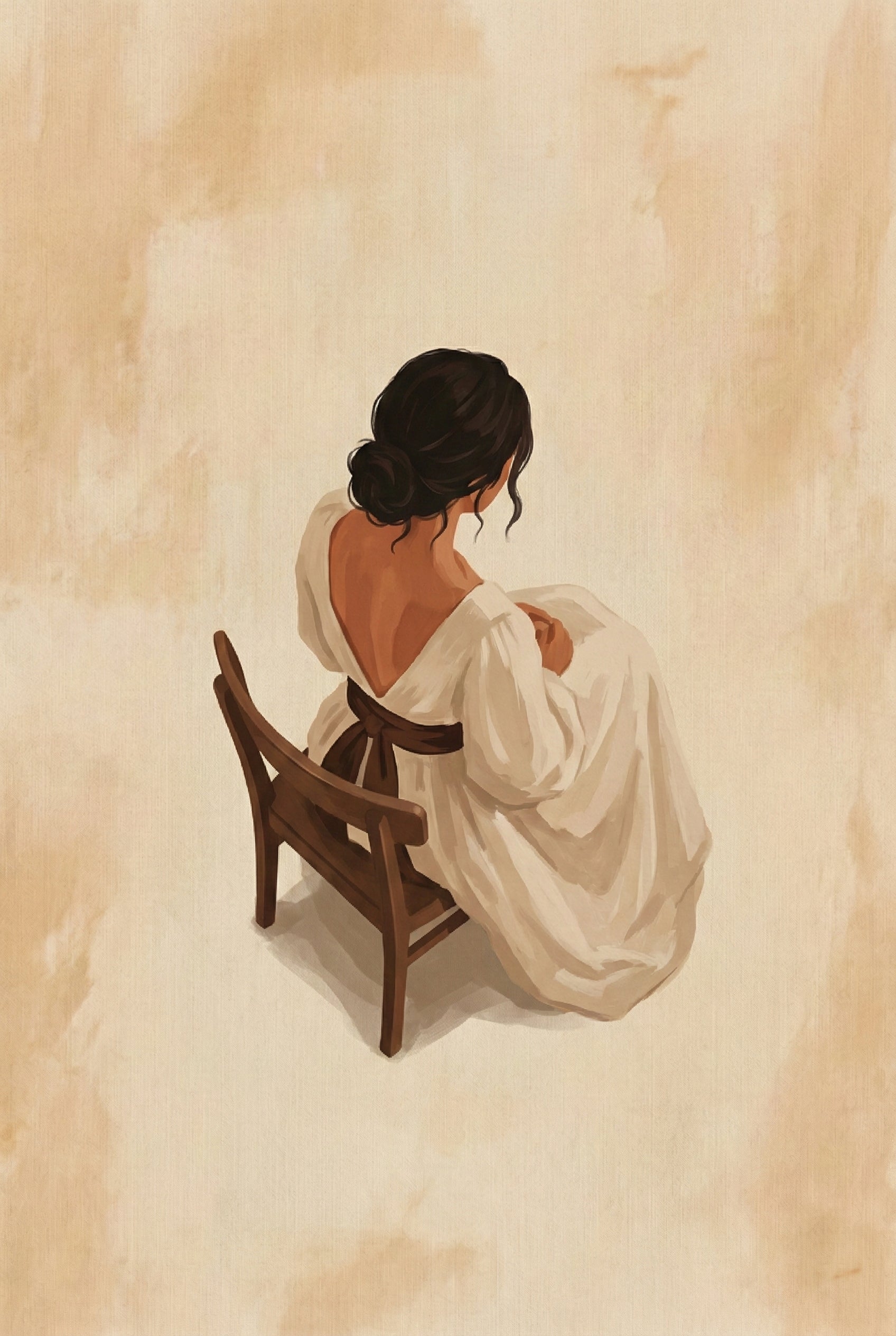 Painting of a woman sitting sideways on a wooden chair in a cream-colored dress, with her head tilted down and hair in a soft bun against a pale background.
