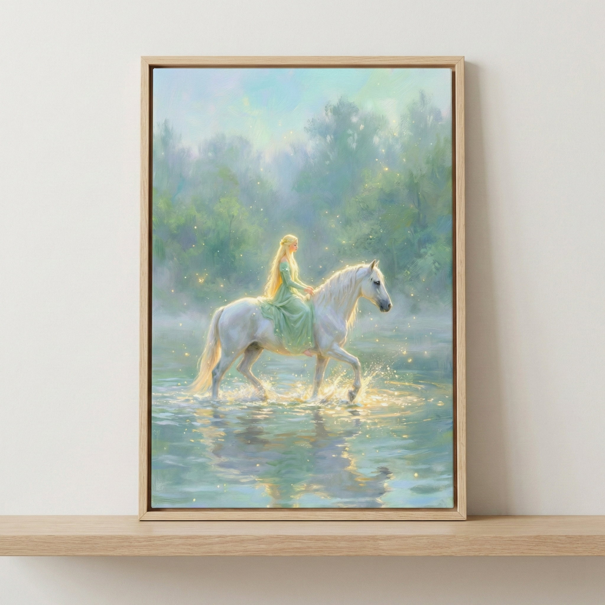 A framed vertical illustration displays an ethereal scene featuring a woman with long golden-blonde hair, clad in a flowing green dress, riding a white horse through shallow water. The horse wades through a calm forest pond, creating soft ripples and reflections. The background is a misty, dreamlike woodland with soft blue and green hues. Tiny glowing sparks, resembling fireflies, drift through the air. The artwork, in a light wooden frame, sits on a wooden shelf against a neutral wall.