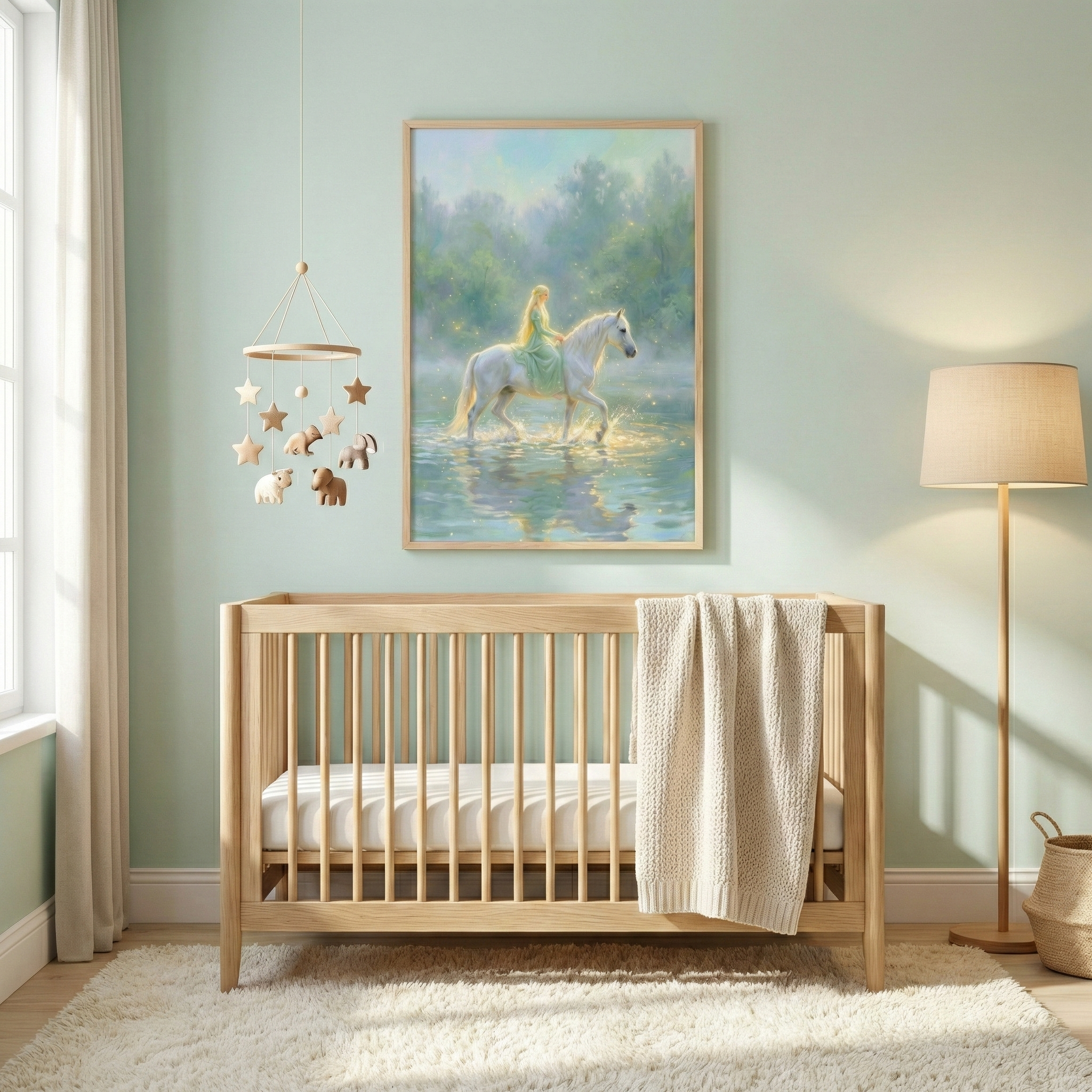 A serene nursery features a light-colored wooden crib centered against a soft sage green wall. Above the crib hangs a large framed illustration of a blonde woman in a long dress riding a white horse through a misty, sunlit lake surrounded by trees. To the left, a wooden mobile with stars and small animals hangs from the ceiling. A cream knitted blanket drapes over the crib's side. To the right, a tall floor lamp with a beige shade stands on a plush white rug that covers the floor.