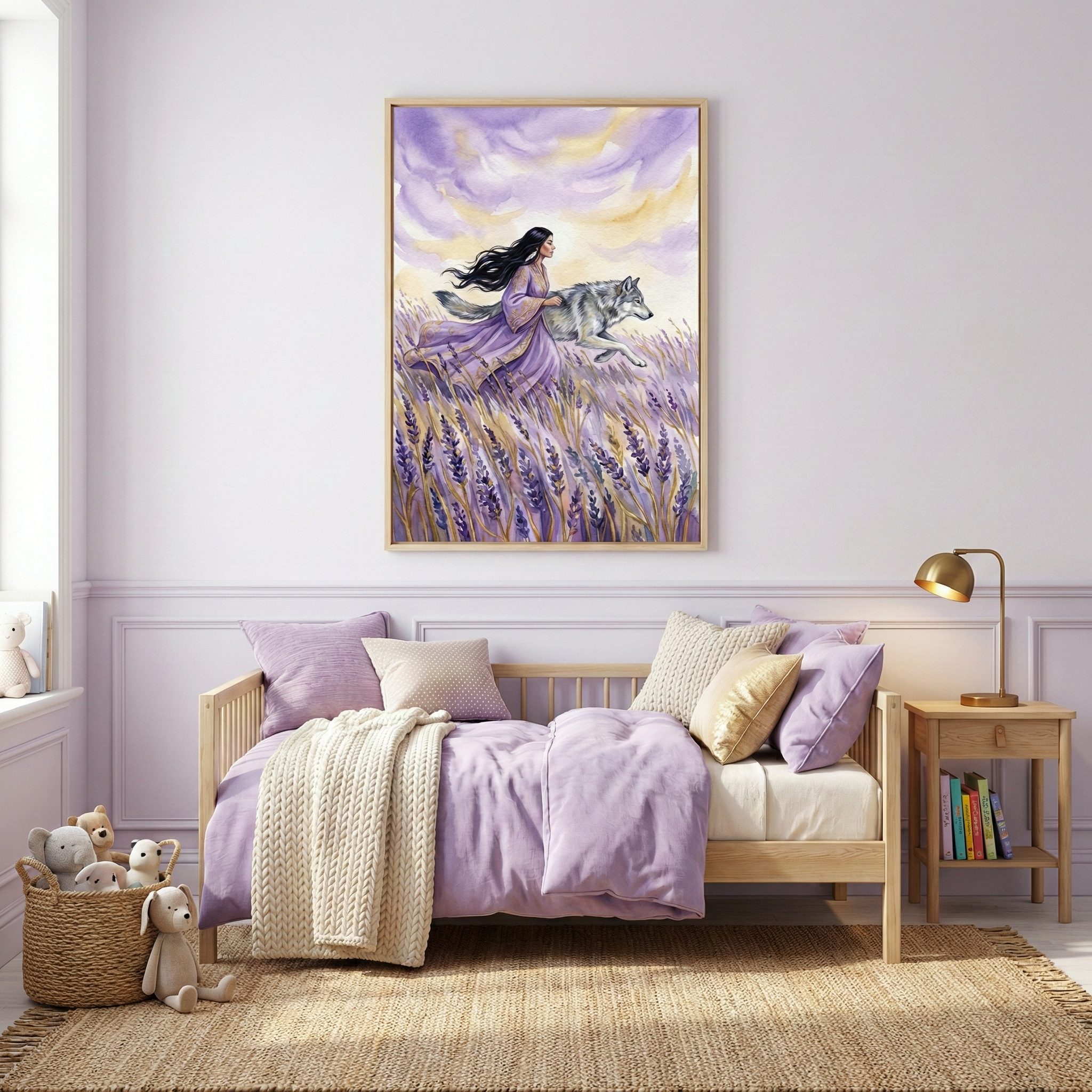 A cozy bedroom features a wooden daybed with lavender bedding and cream pillows, accompanied by a knitted throw. Above the bed hangs a vibrant painting of a woman in a purple dress running with a wolf through a lavender field under a colorful sky. A basket of plush toys sits on a woven rug, and a wooden nightstand with a gold lamp completes the scene.