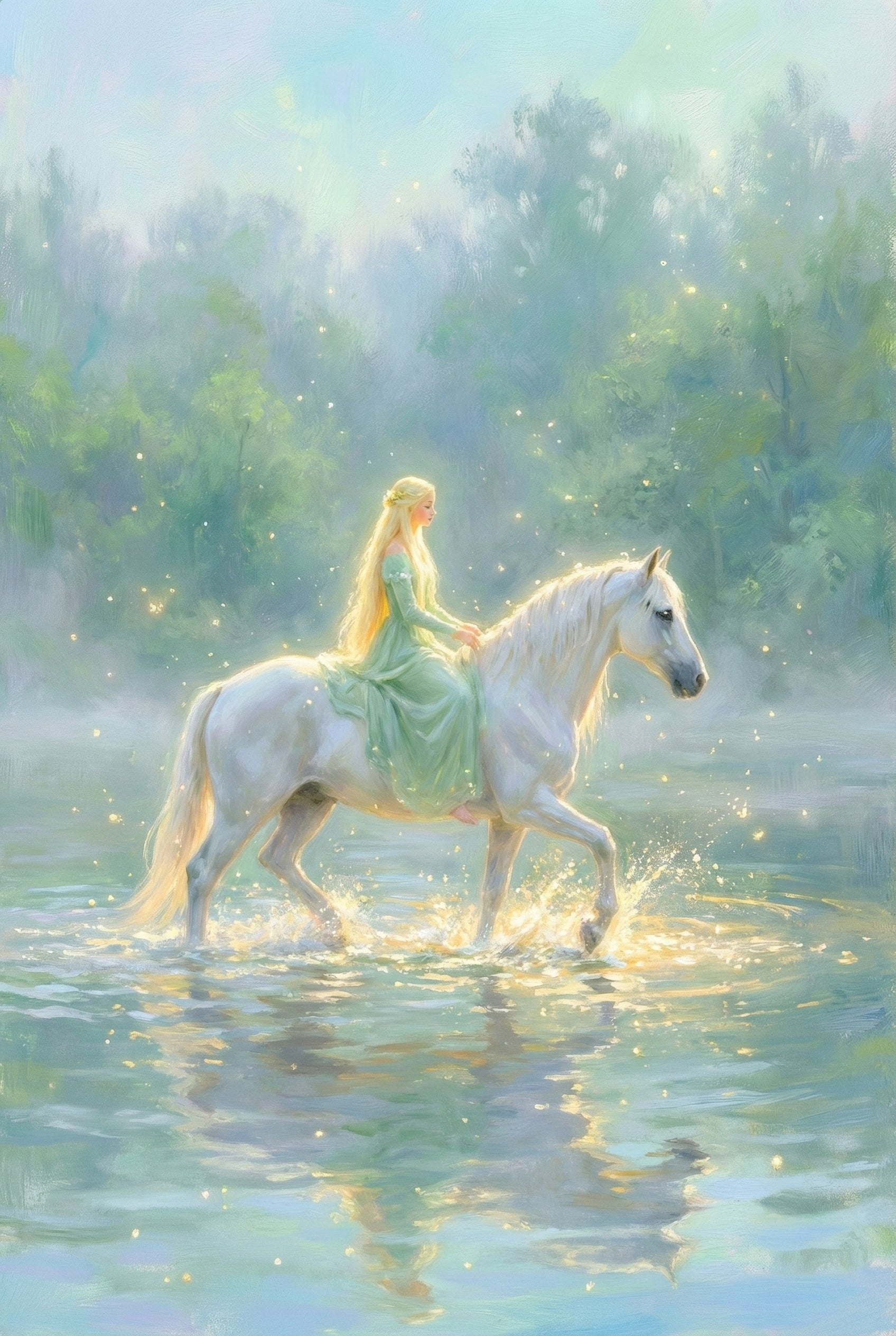  A woman in a flowing green gown rides a white horse through a sunlit river as water splashes around its legs. Soft golden light reflects on the surface, creating a serene and luminous woodland scene.

