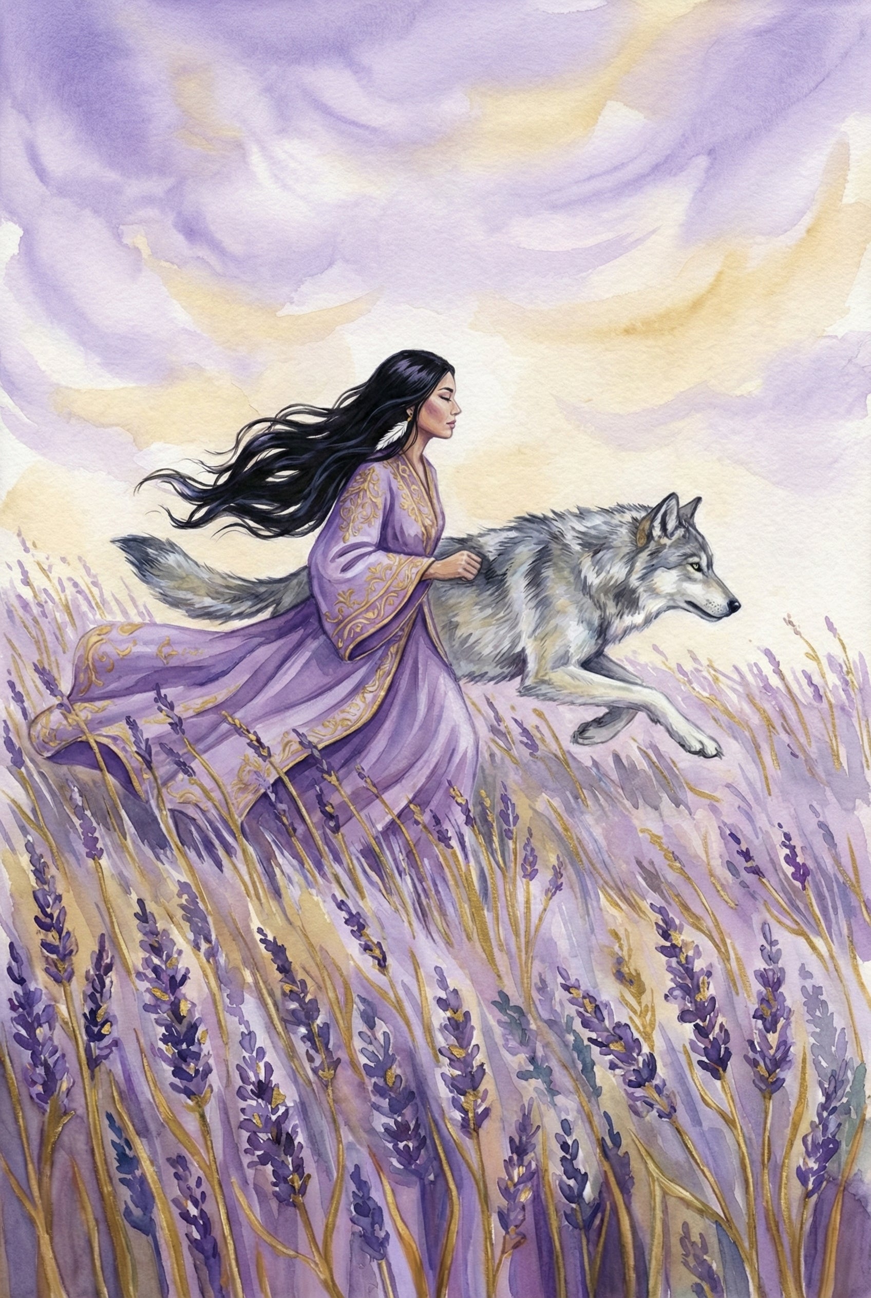 Woman And Wolf Kids Room Wall Art - Lavender Wolf Dreams