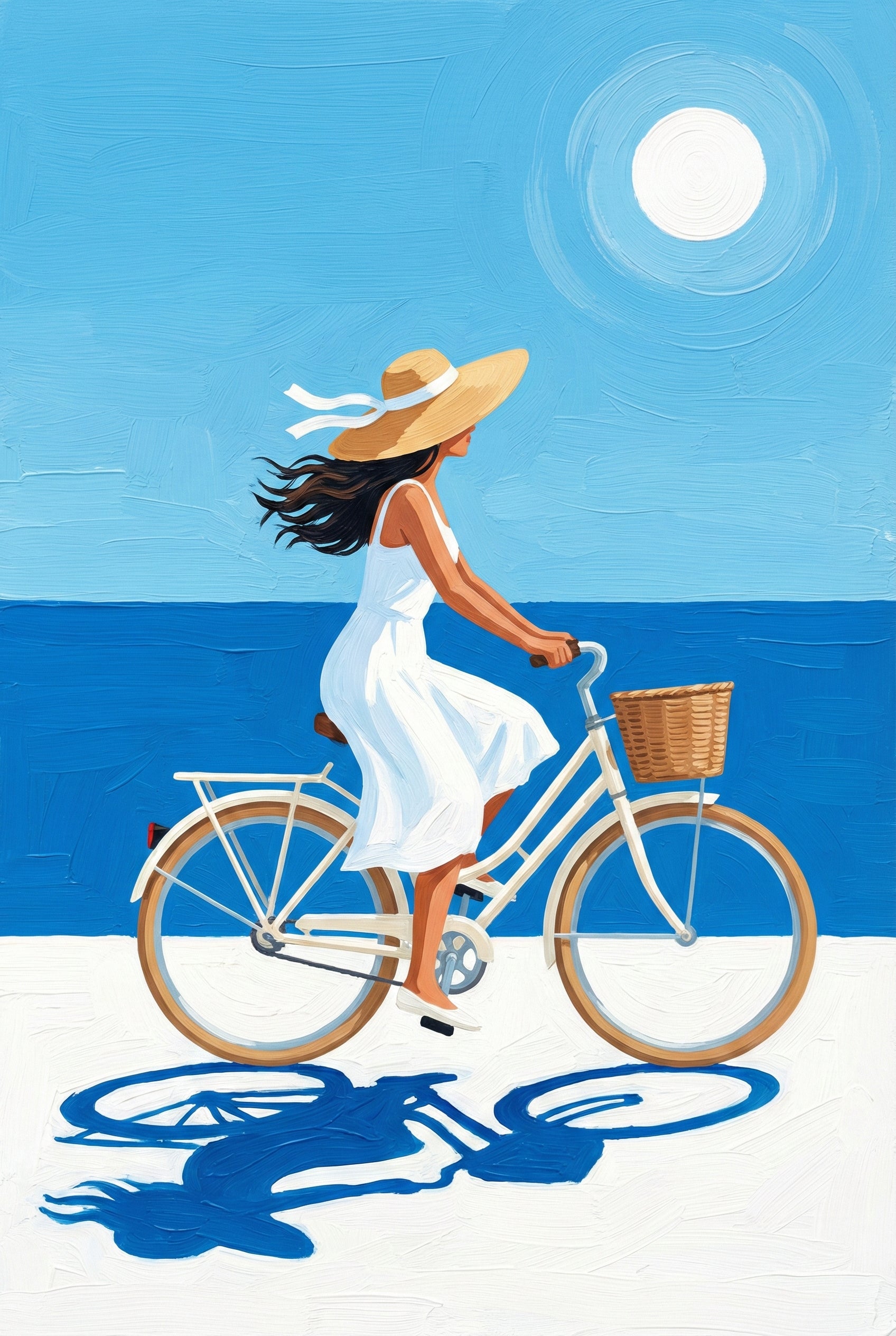 Vibrant coastal illustration of a woman cycling barefoot along a white path beside the sea, her dress and hair flowing with the breeze under a glowing sun.