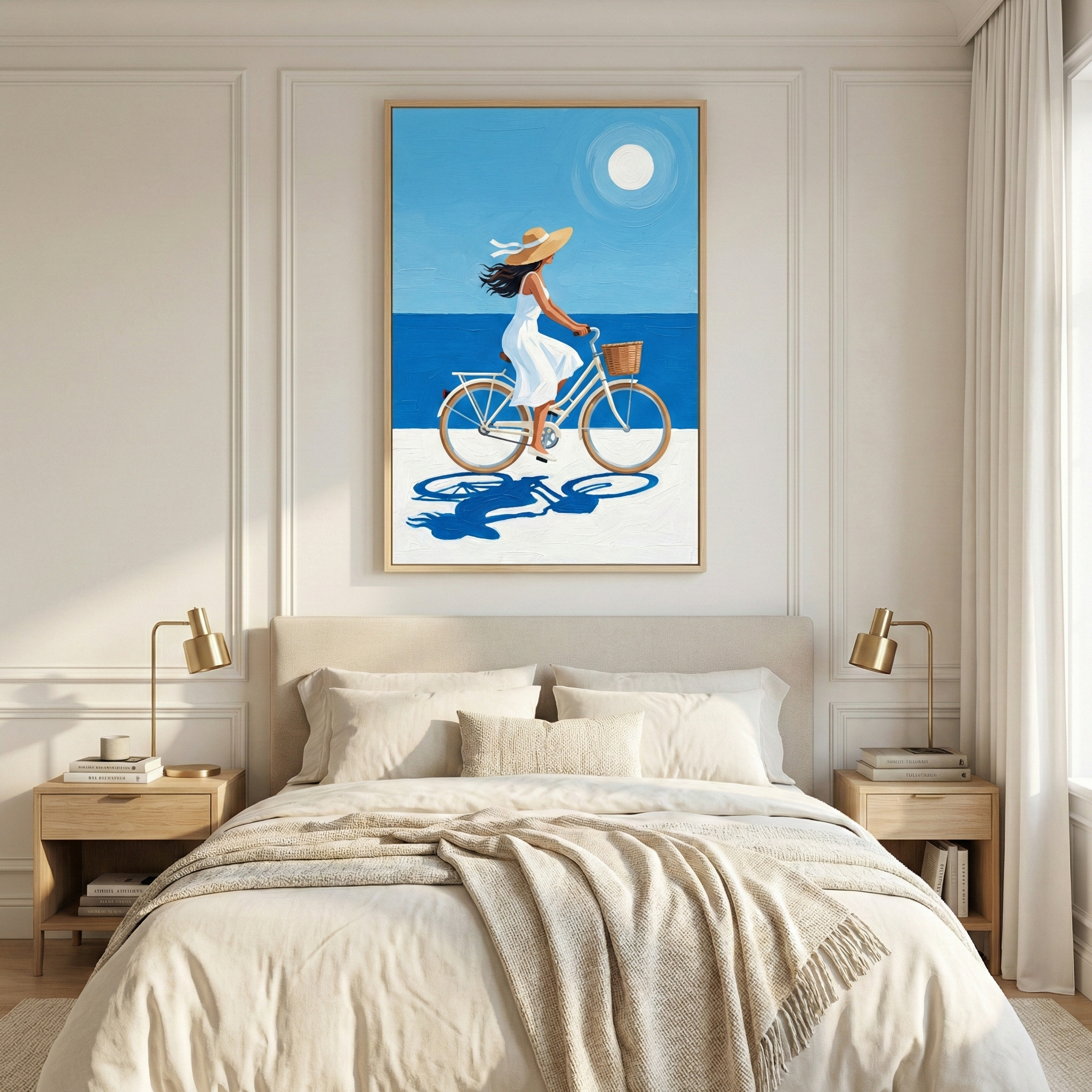 A serene, modern bedroom featuring a large framed vertical artwork above a bed. The minimalist illustration depicts a woman in a straw hat and white dress riding a bicycle along a bright beach, with a deep blue sea and a large white sun in the background. A long, dark blue shadow follows her. The bed has a neutral headboard and cream-colored bedding with a textured throw. Two light wood nightstands flank the bed, each with a gold lamp and a few books. Soft light enters from a window.