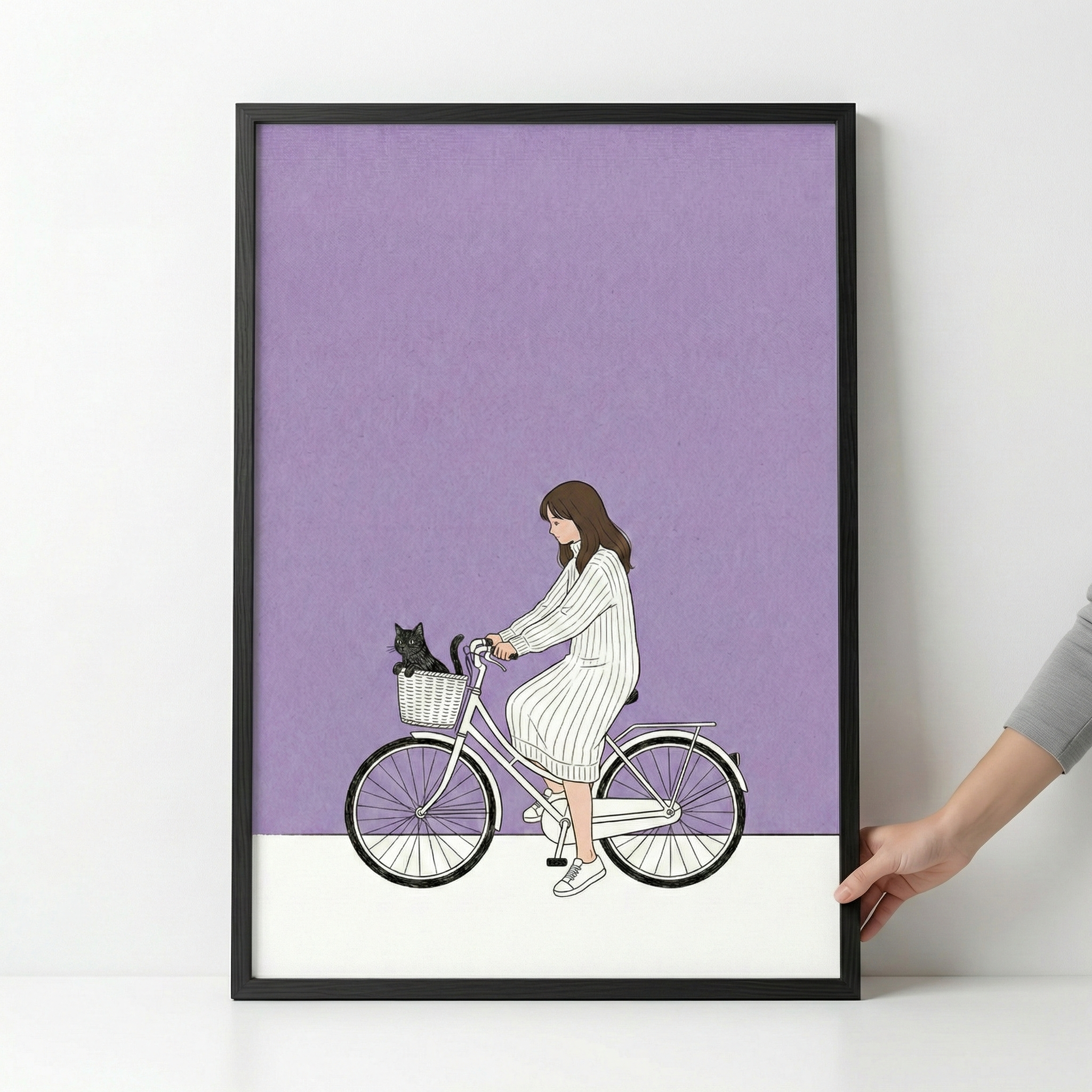Woman And Black Cat On Bicycle Wall Art - Lavender Cycle Companion