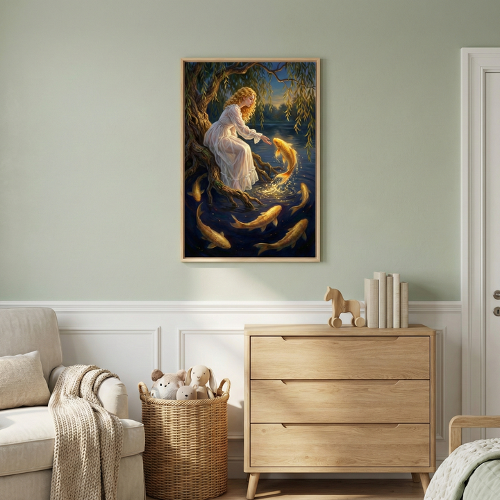 A vertically-oriented framed illustration hangs on a light green wall above a three-drawer light wood dresser. The artwork shows a young girl with long, golden hair and a white dress sitting on gnarled tree roots that extend over dark water. She reaches toward a glowing golden fish leaping from the water, while several other golden fish swim below. On the dresser are three books and a wooden toy horse. To the left is a wicker basket filled with plush toys and part of a beige armchair.