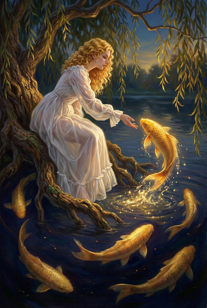 An ethereal scene features a woman with long, golden ringlets seated on the ancient roots of a willow tree at twilight. She wears a flowing, semi-sheer white gown. Her hand is extended toward a large, luminous golden fish leaping from the dark water, accompanied by a swirl of sparkling light. Several more golden fish glide beneath the surface. The atmosphere is magical, with warm golden highlights contrasting against the deep blues of the evening sky and water.