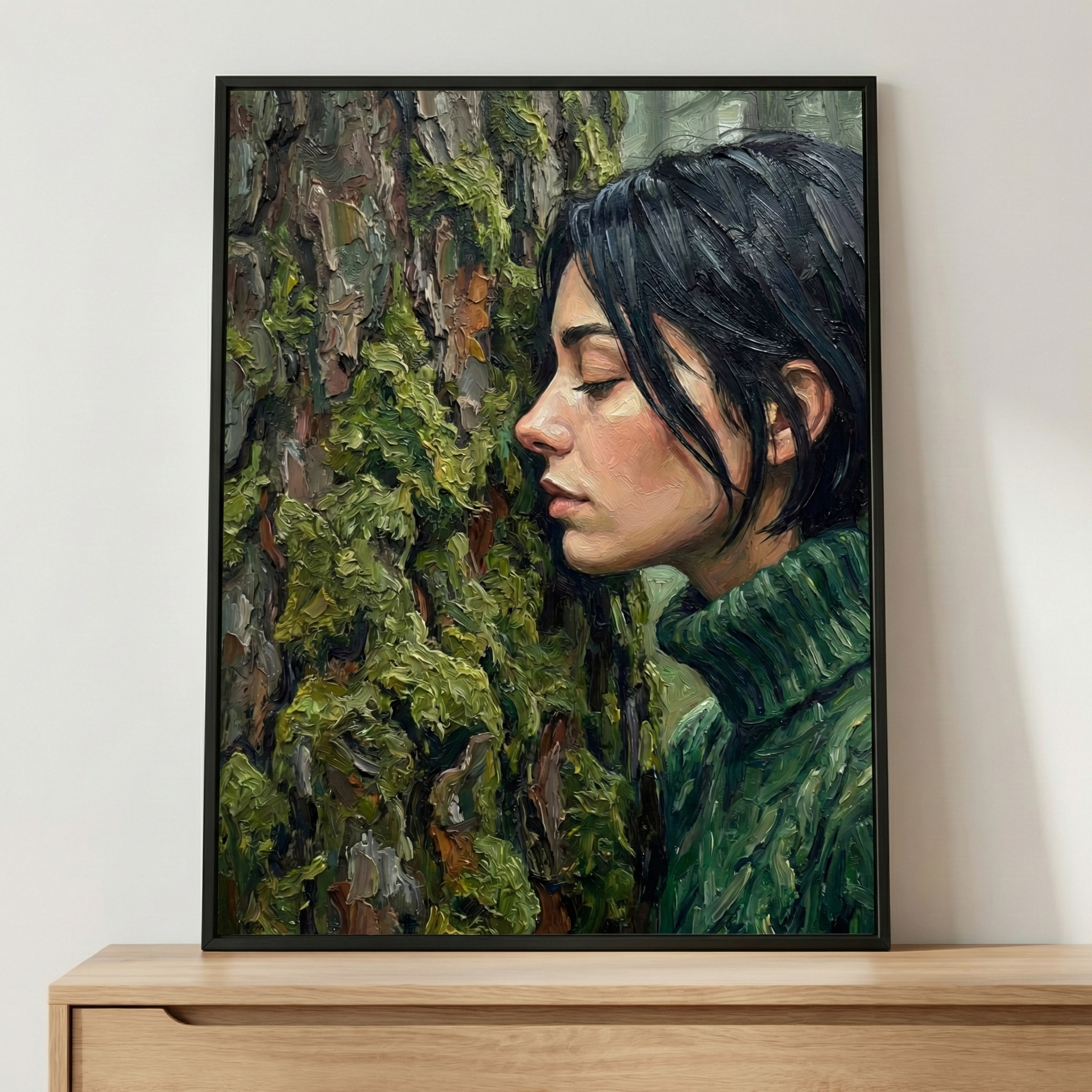 A vertical framed artwork depicts a woman in profile leaning her face towards a massive, moss-covered tree trunk. She has short, dark hair and wears a thick, forest-green turtleneck sweater. Her expression is serene, eyes nearly closed in a moment of intimate connection with the natural world. The style utilizes heavy, textured brushstrokes that emphasize the rugged bark and soft moss. The artwork is set in a black frame, resting on a light-colored wooden sideboard against a plain wall.