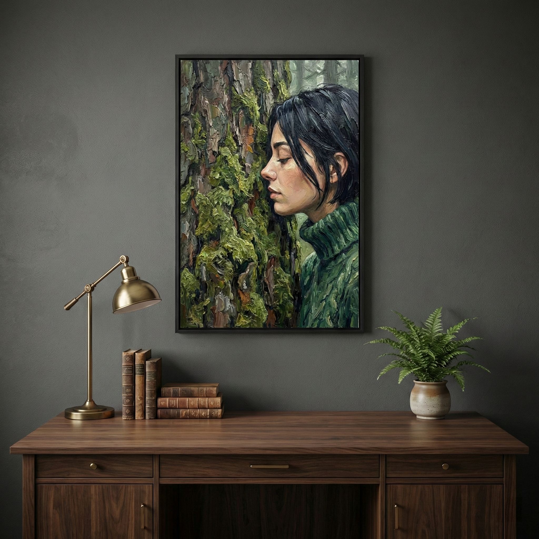 A framed artwork hangs on a dark gray wall above a wooden desk. The illustration shows a woman in profile, eyes closed, leaning her face against a moss-covered tree trunk. She wears a chunky green turtleneck that matches the verdant moss. The art features heavy, textured strokes. On the desk below, a brass lamp, a small stack of leather-bound books, and a potted green fern create a quiet, scholarly atmosphere. The entire scene is moody and serene.