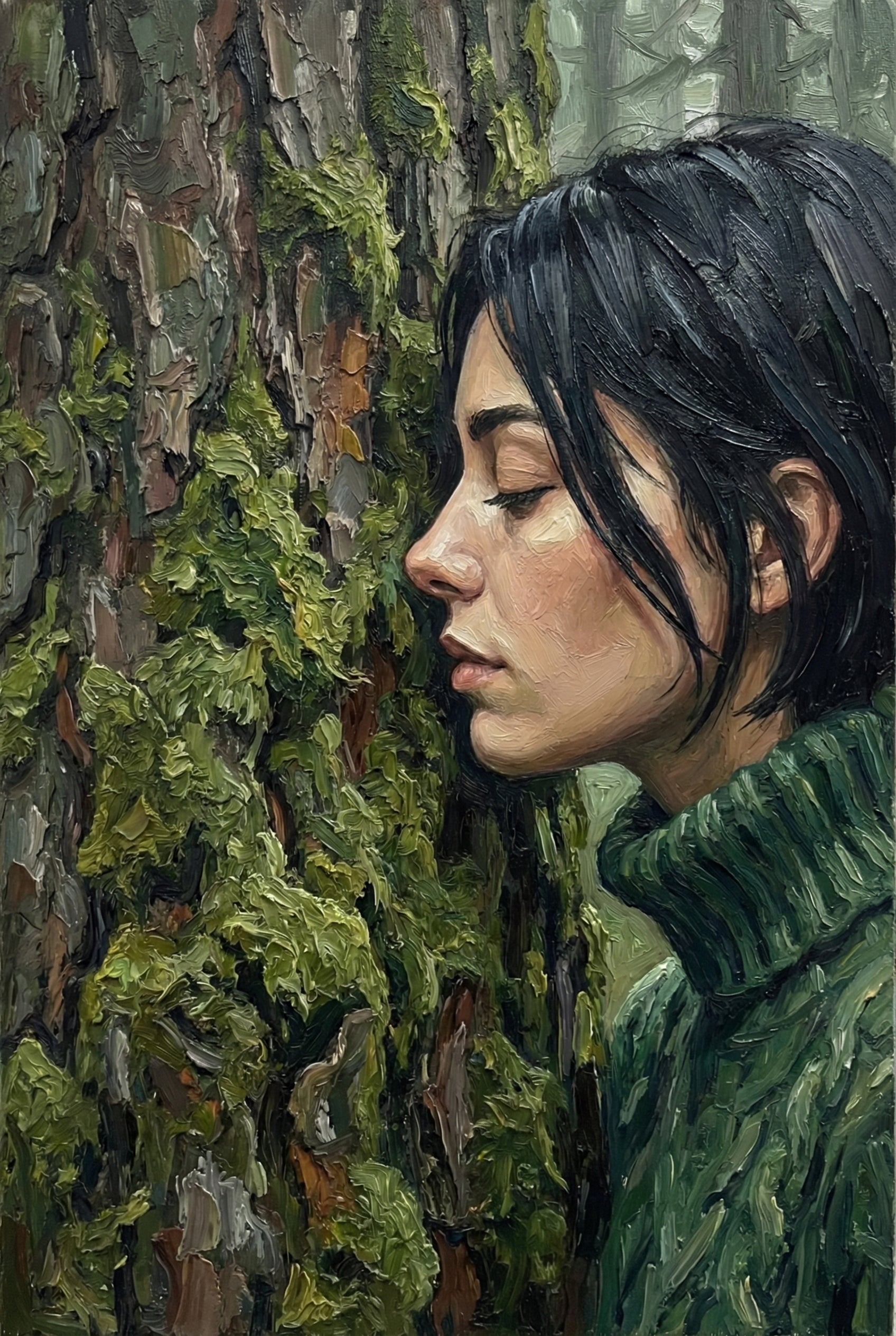 Oil painting of a woman with closed eyes and black hair, wearing a green sweater, resting her face against a moss-covered tree trunk in a misty forest, conveying calm and connection to nature.