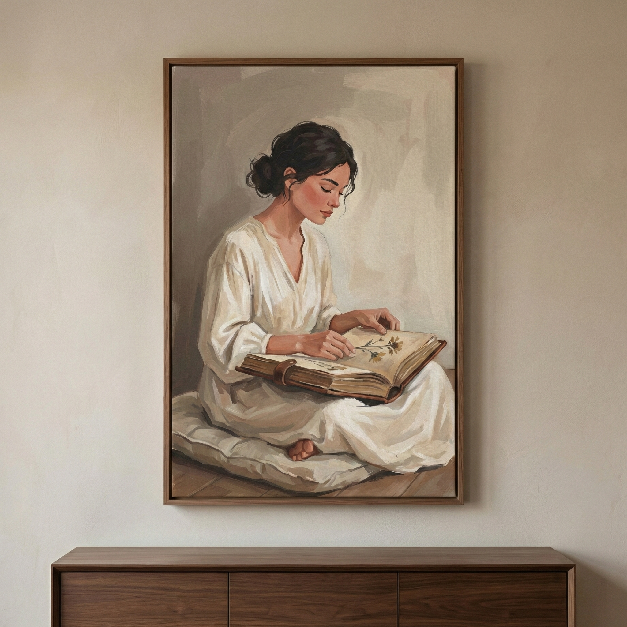 A framed vertical artwork hangs on a neutral wall above a dark wood dresser. The piece depicts a woman with dark hair in a soft bun, wearing a flowing white dress and sitting on a floor cushion. She is looking down at a large open book resting on her lap, which displays botanical illustrations of flowers. The art style features visible brushstrokes and a muted color palette of cream, tan, and soft gray.