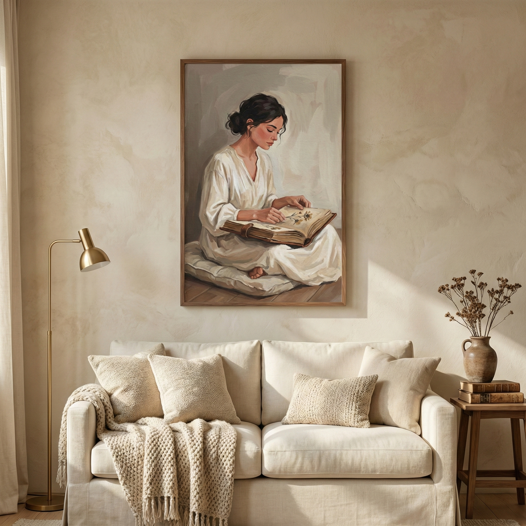 A framed work of art featuring a woman in a white dress seated and looking through a book hangs on a neutral, textured wall. Beneath it is a cream-colored sofa with several pillows and a knit throw. A slender gold floor lamp stands on the left, and a wooden side table with a vase of dried botanicals is on the right, set in a cozy, minimalist living space.