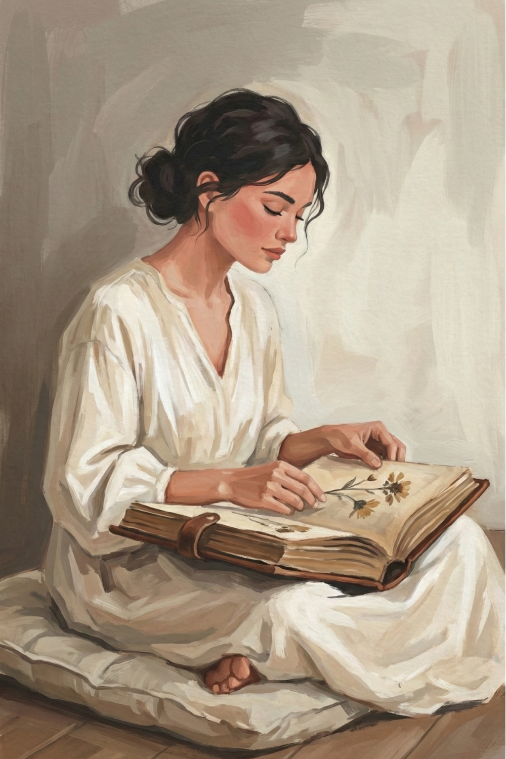  Painting of a woman in a white dress sitting on a cushion while looking intently at an open botanical book. The pages display yellow flowers, and her posture suggests quiet focus.
