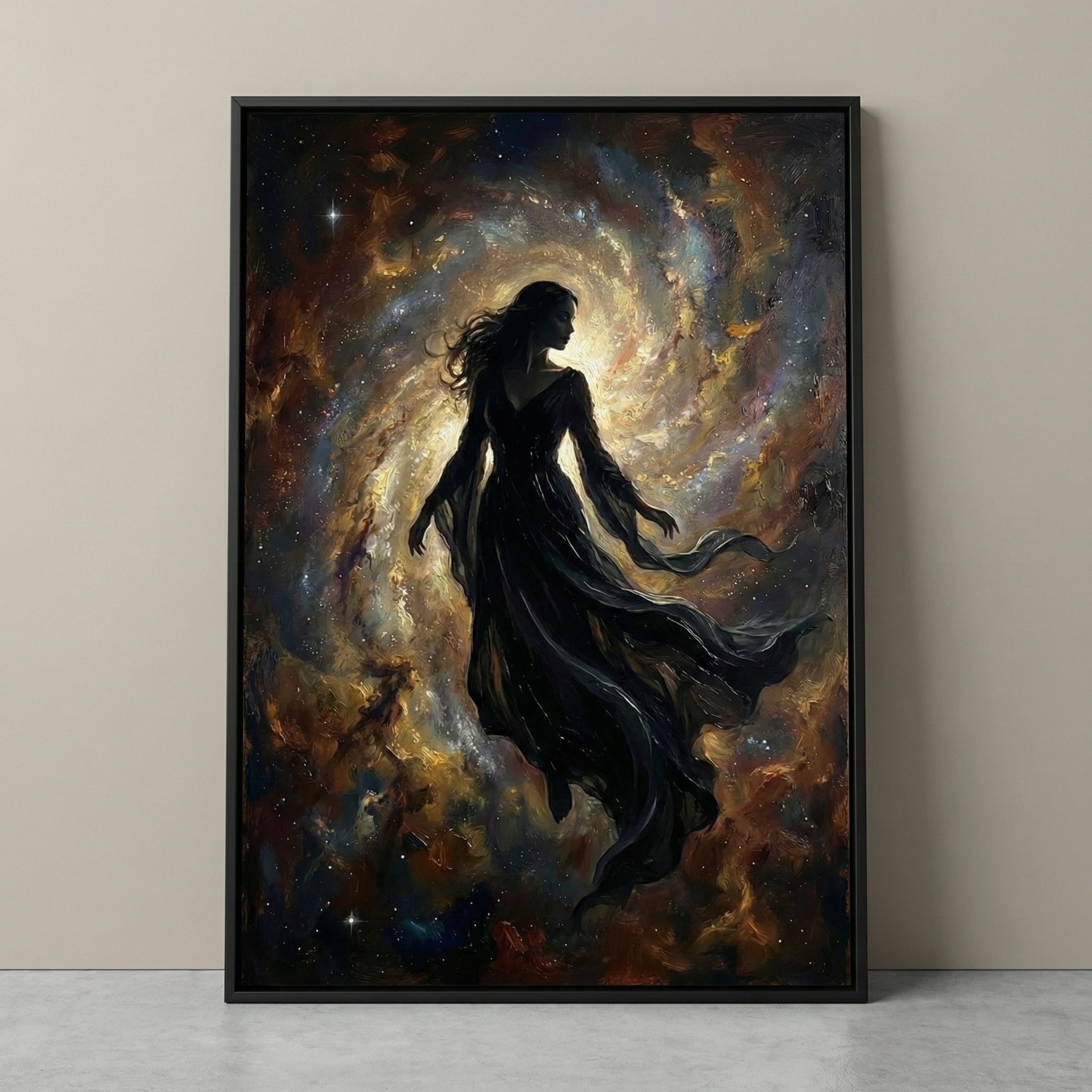 Framed painting of a silhouetted woman floating through a swirling galaxy, with a luminous vortex of stars and cosmic clouds radiating around her. The ethereal space scene contrasts the dark figure with the glowing background in rich tones.