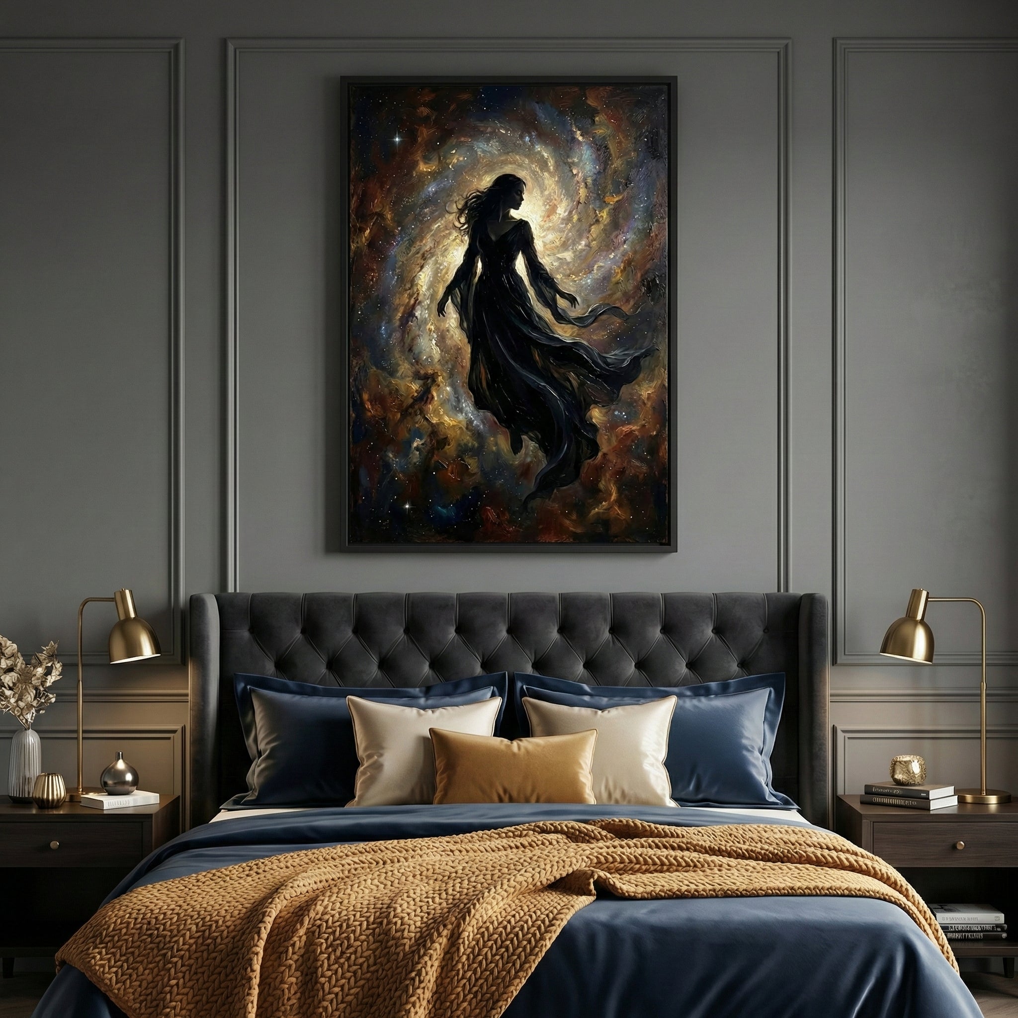 Dramatic artwork of a woman surrounded by a glowing galactic swirl, mounted above a tufted headboard in a moody, elegant bedroom. The space-themed painting adds a sense of wonder and celestial beauty to the interior.