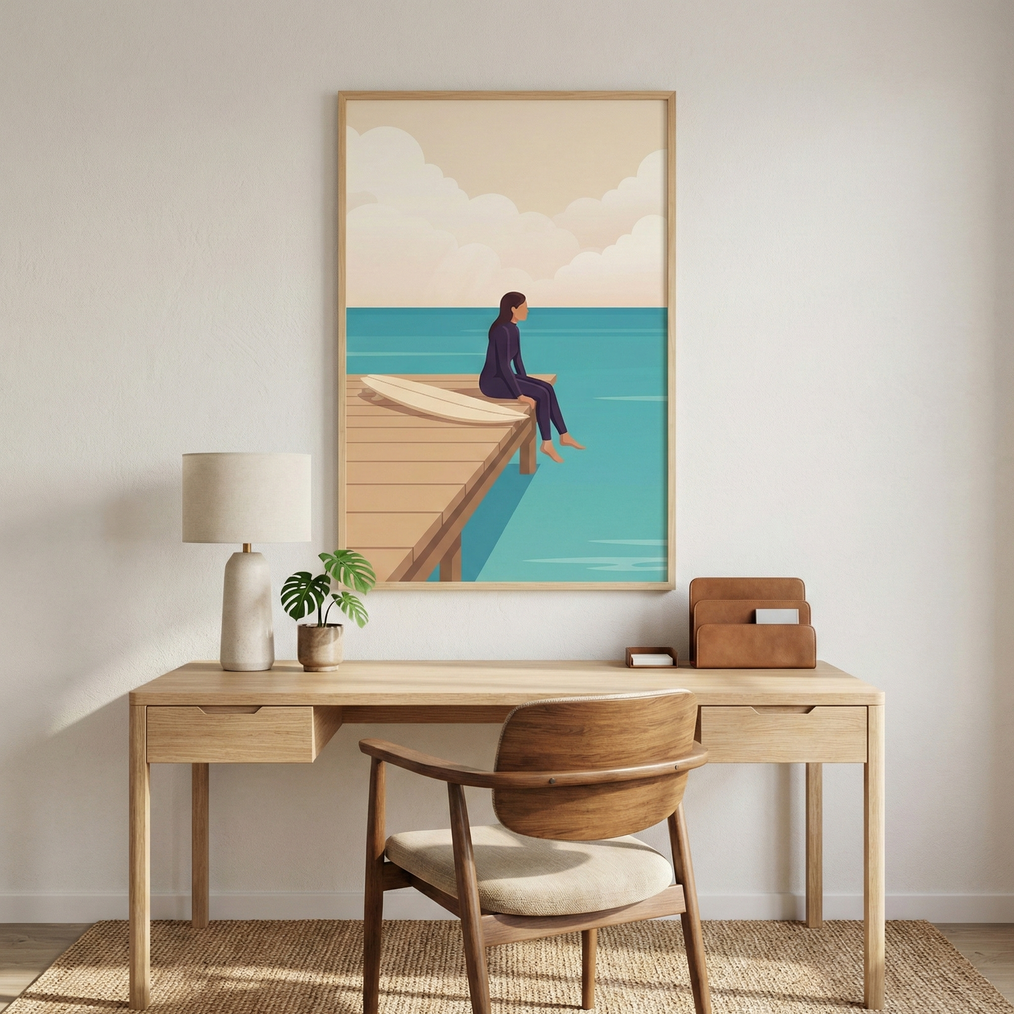 A vertical framed artwork hangs centrally on a light-colored wall above a minimalist wooden desk. The artwork depicts a peaceful scene of a person in a dark purple wetsuit sitting on the edge of a light wood dock. A white surfboard lies beside them, and they look out over a calm turquoise ocean beneath a sky filled with soft, rounded clouds.

