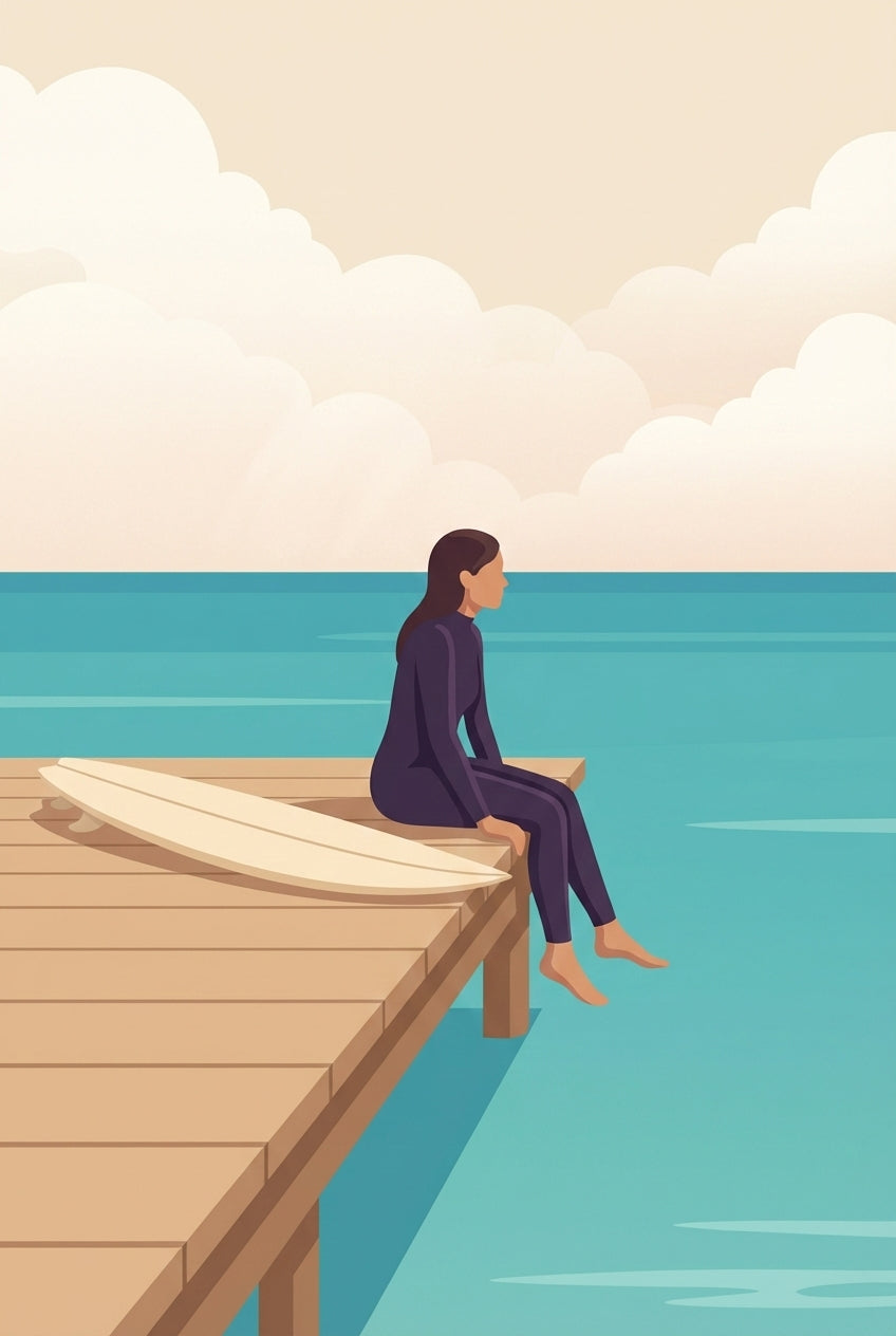 Illustration of a woman in a wetsuit sitting at the edge of a wooden pier, feet in the water and surfboard resting beside her, looking out at the calm sea.

