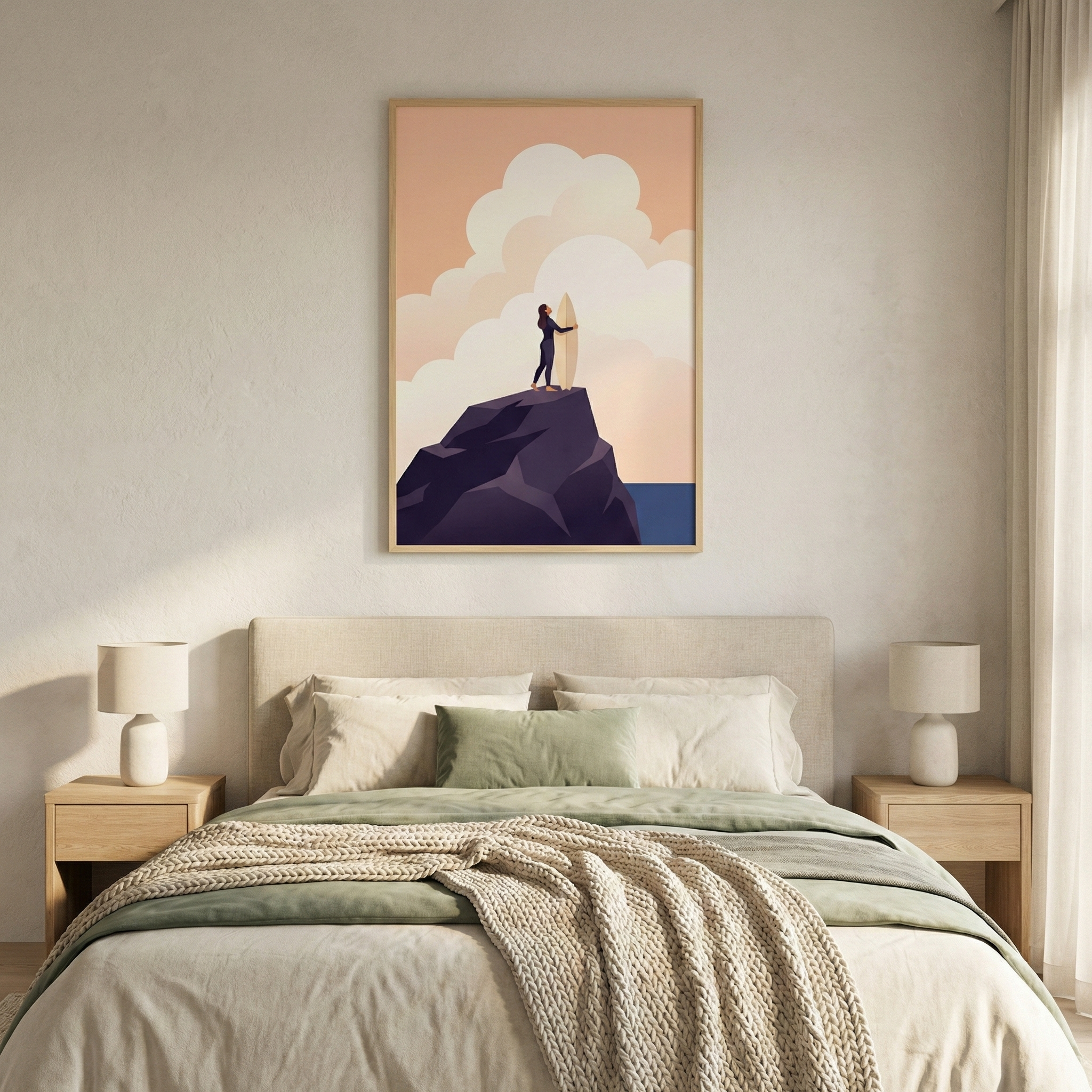 A minimalist bedroom features a large framed illustration centered on a textured white wall. The artwork depicts a silhouetted figure holding a surfboard atop a dark, jagged rock formation, set against a soft peach sky filled with large, stylized white clouds. Below, a bed with a beige upholstered headboard is layered with white and sage green linens and a thick, textured cream knit throw. Matching light wood nightstands on either side hold simple white lamps with cylindrical bases.