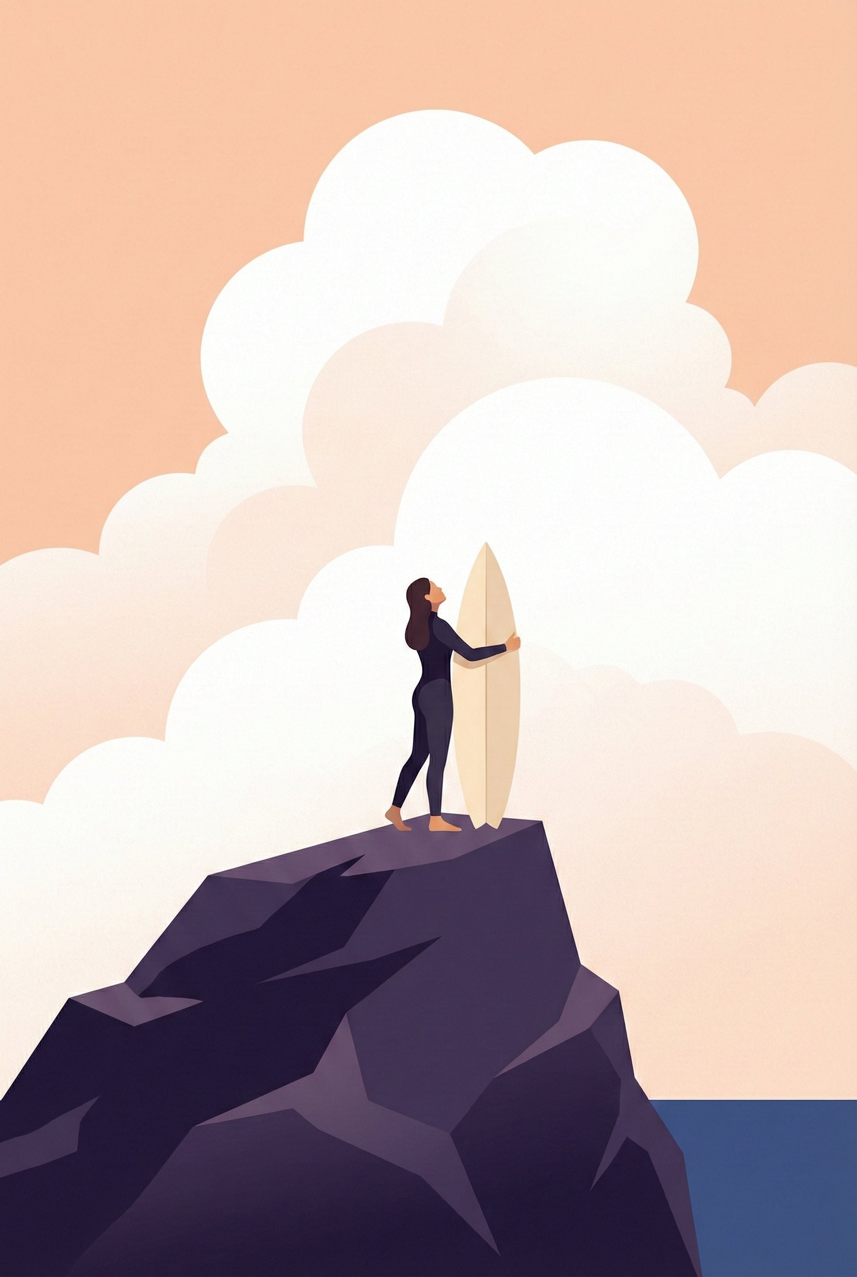 Illustration of a woman walking barefoot on a sandy path along the edge of a coastal bluff, holding her surfboard with the sea to her side and clouds above.