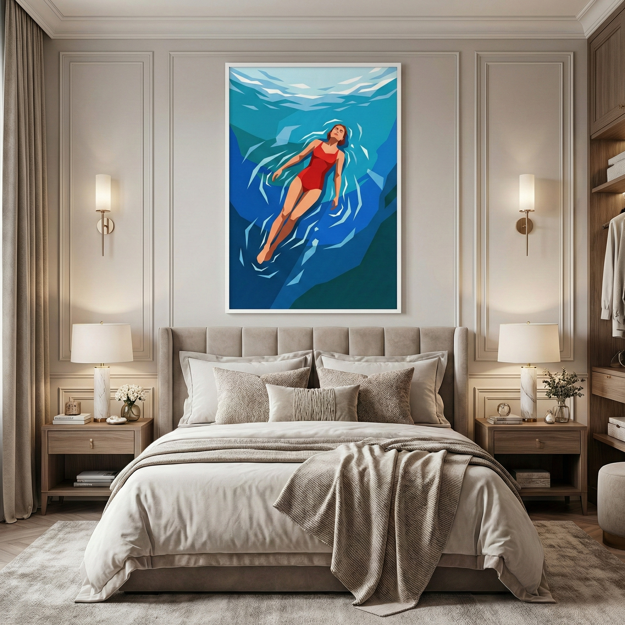 An elegant and modern bedroom is showcased, featuring a large piece of graphic art as its focal point. Centered above a comfortable bed with a tall, tufted beige headboard, the vertical artwork depicts a woman in a bright red swimsuit floating peacefully on her back in deep blue water. The water's surface is represented with stylized, multi-toned blue shapes and white ripples.
