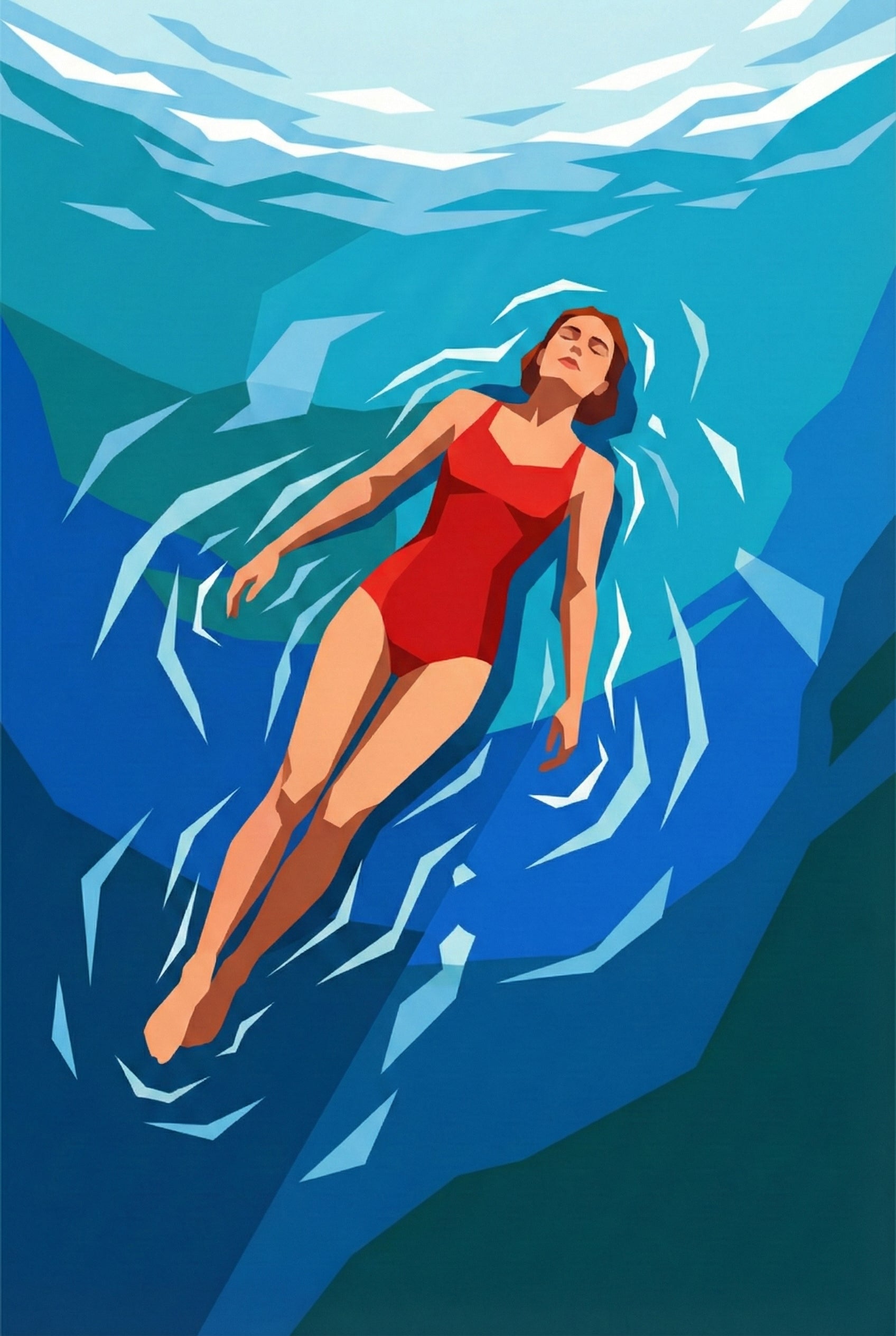Geometric digital artwork of a woman in a red swimsuit floating calmly on her back in deep blue water. Light reflections ripple around her body.