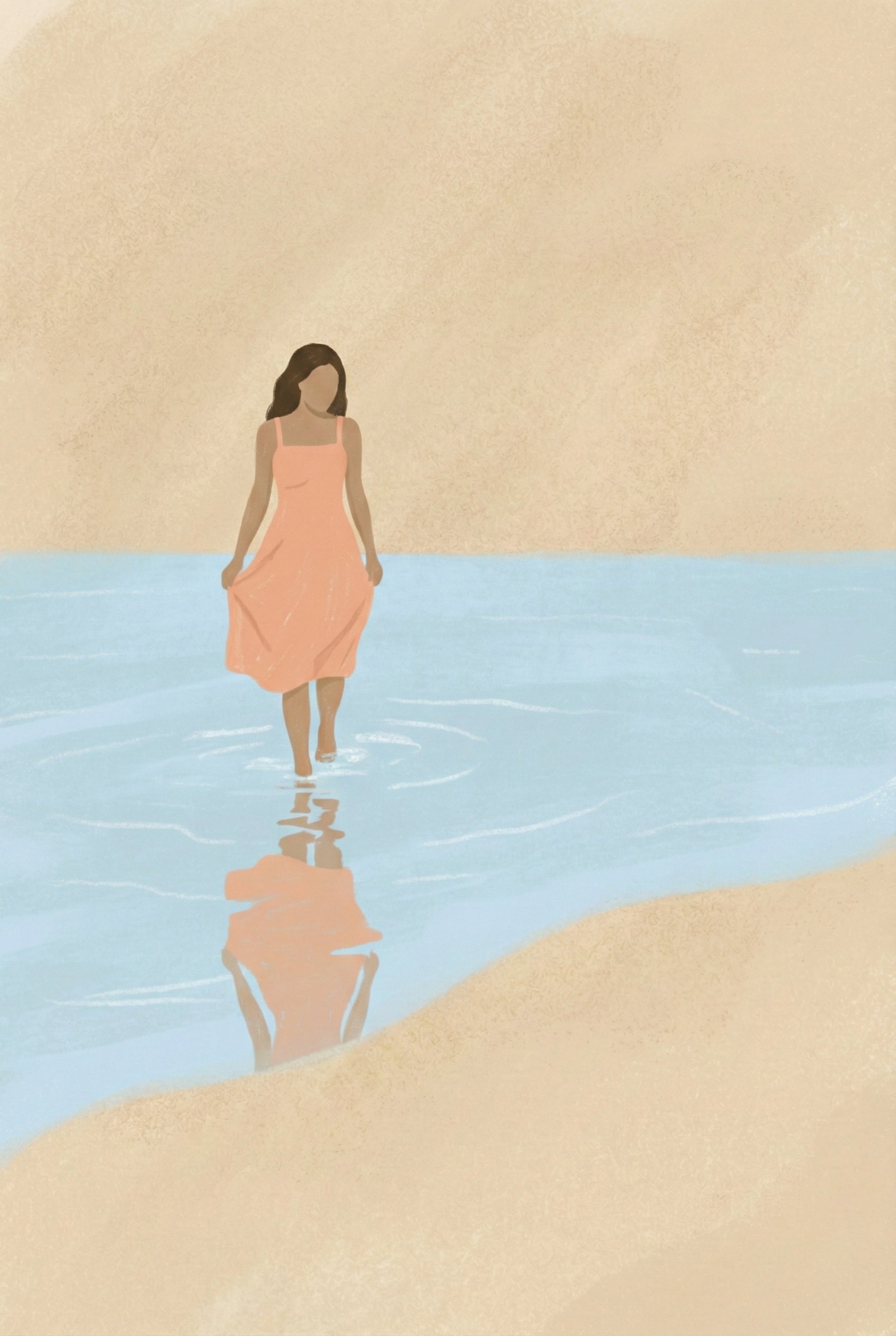 Minimalist painting of a woman in a coral dress walking barefoot in shallow water, her reflection visible on the surface, with soft sand in the background.
