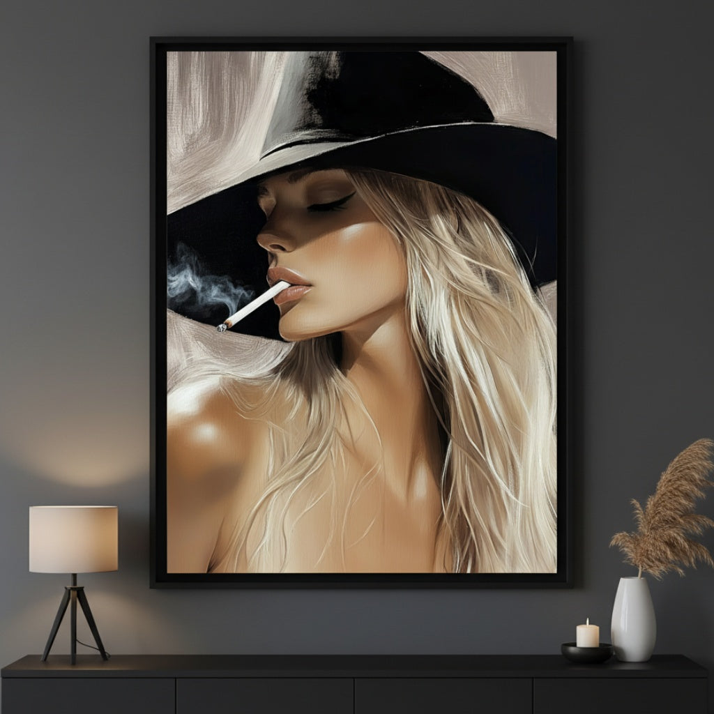 Modern room featuring a dark console table with a lamp and decor. Centered above it is a large framed realistic painting of a blonde woman in a black hat, eyes closed, smoking a cigarette.