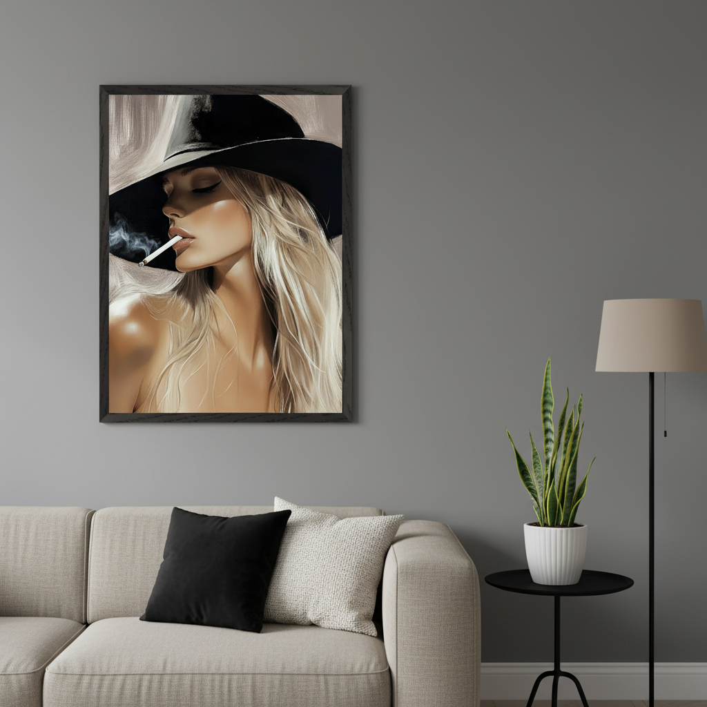 Modern living room with a light beige sofa. A framed painting of a blonde woman in a black hat smoking is centered above the left side of the sofa. A floor lamp and a snake plant on a black side table are to the right of the sofa.