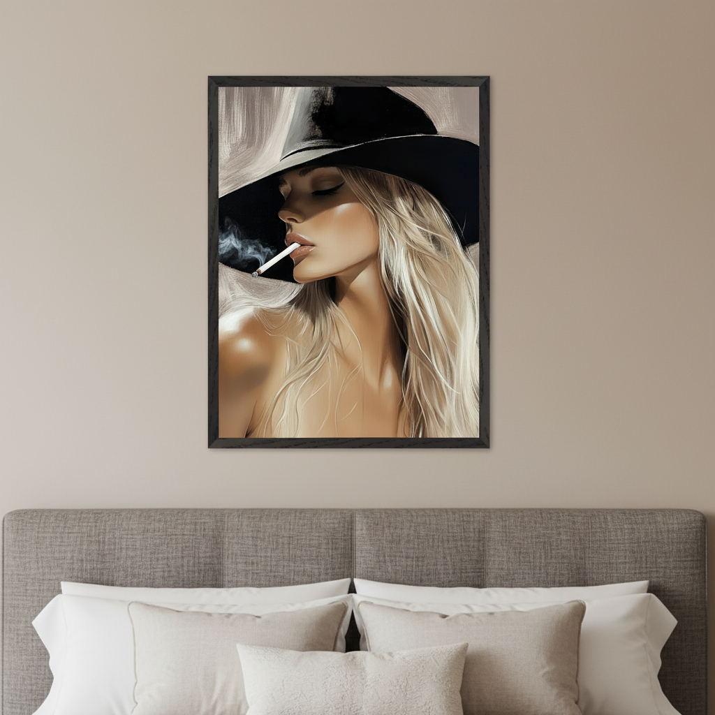Modern bedroom with a gray upholstered bed and pillows. A black-framed painting of a blonde woman in a black hat smoking a cigarette with visible smoke hangs centered above the bed. Realistic art style.