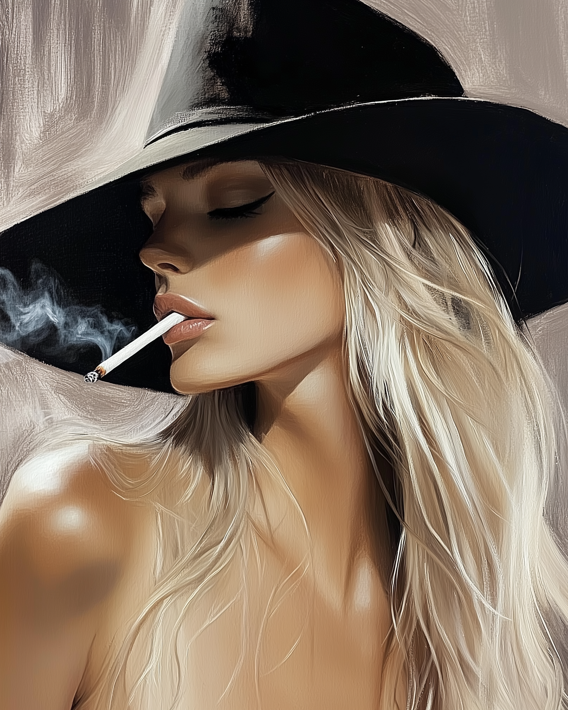 blonde woman wearing a wide-brimmed black hat, smoking a cigarette with smoke curling upward. Her eyes are closed, and dramatic lighting highlights her smooth skin and flowing hair, giving the portrait a moody, sultry feel.