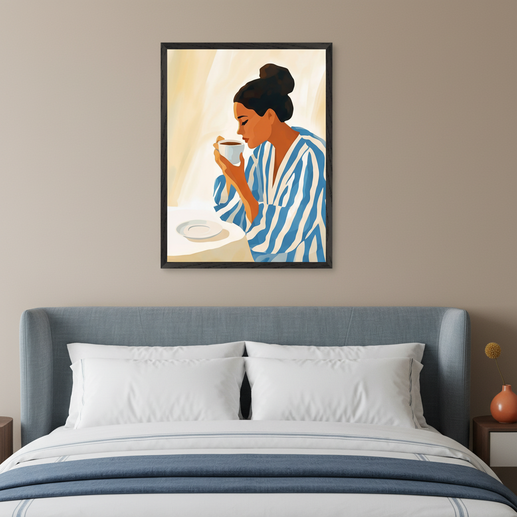 Modern bedroom with a blue upholstered bed and white bedding. A framed painting of a woman in a blue and white striped robe drinking coffee from a white cup hangs centered above the bed.