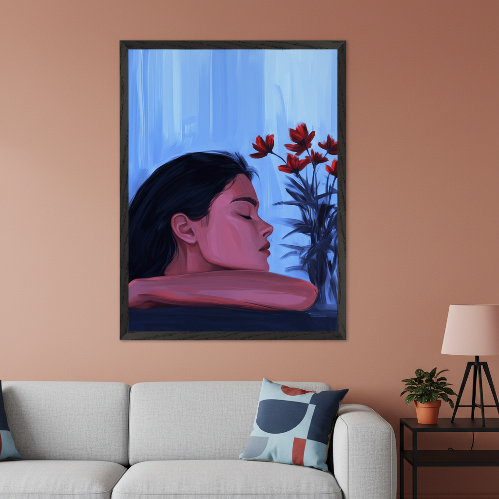 Modern living room with a light gray sofa and black side table. Above the sofa, a large framed painting depicts a woman with closed eyes and pinkish skin, beside red flowers in a vase against a blue background.