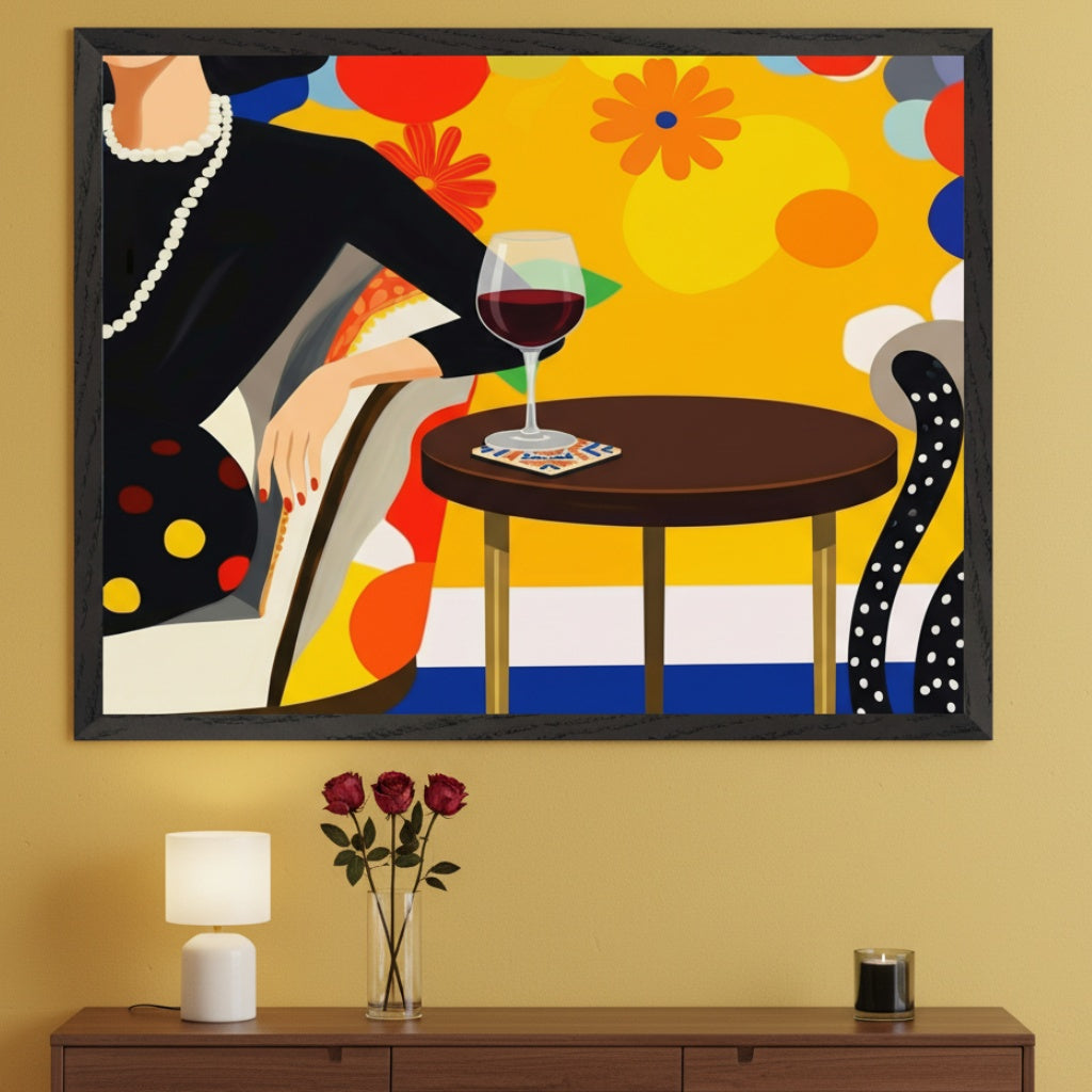 Modern living room with a dark wood dresser against a mustard yellow wall. A large framed pop art illustration of a woman in a black dress with pearls, a red wine glass on a table, and a colorful abstract background hangs above the dresser. A white lamp, red roses, and a black candle are on the dresser.