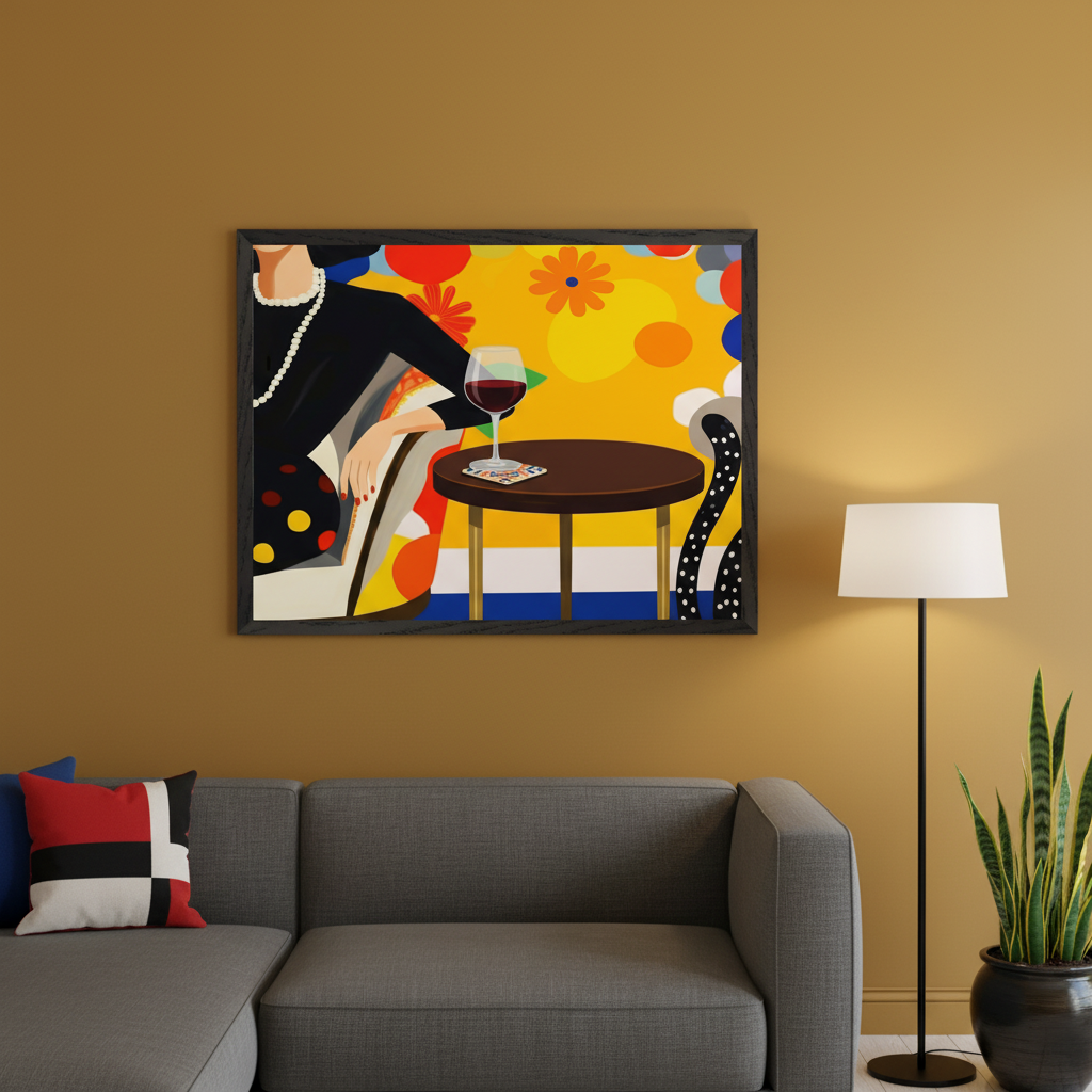 Modern living room with a gray sectional sofa and a black floor lamp. Above the sofa, a large framed Pop Art painting depicts a woman in a black dress with pearls, holding red wine at a table against a yellow, abstract background.