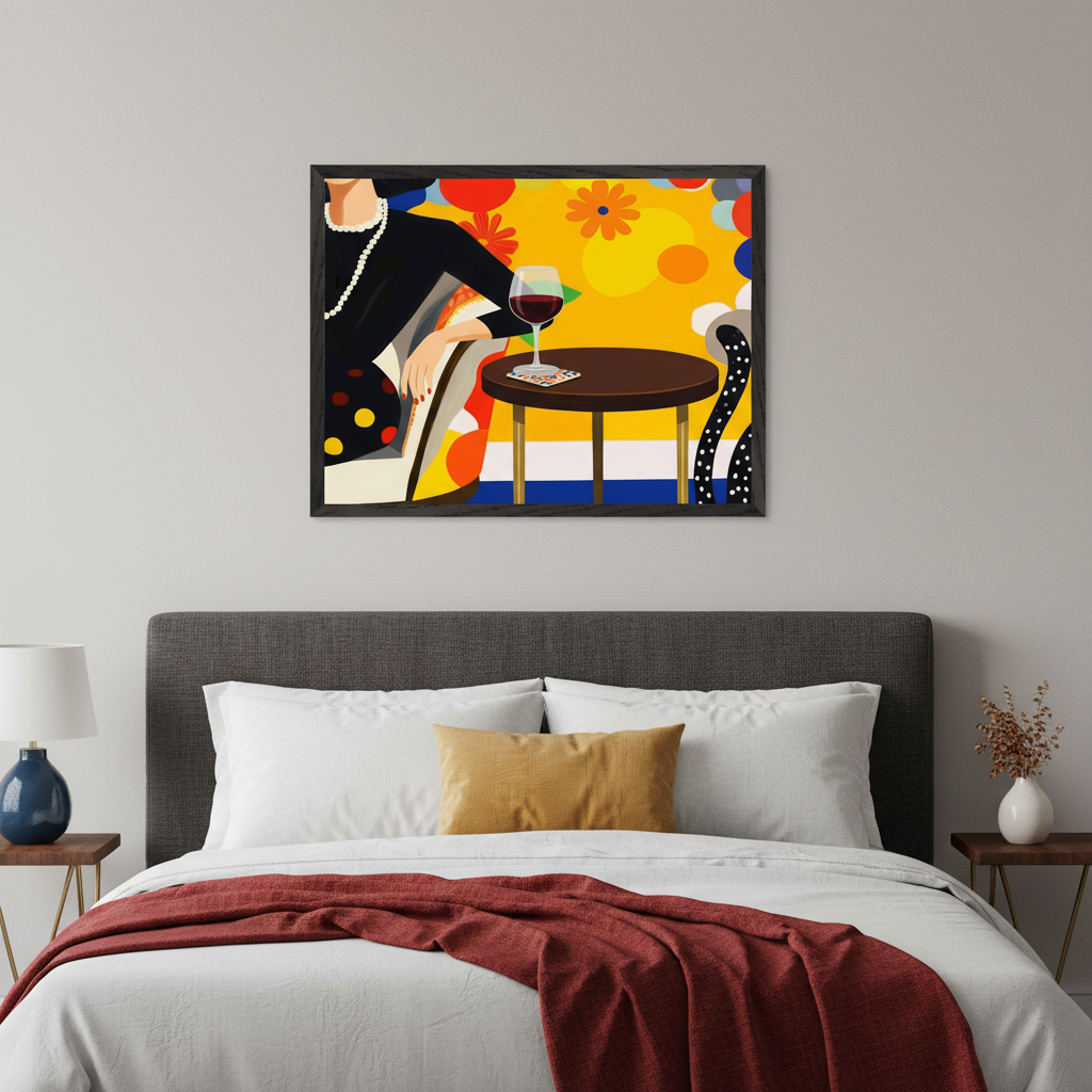 Modern bedroom with a bed featuring a grey headboard. A framed, colorful abstract painting hangs centered above the bed, depicting a woman in a black dress with pearls seated at a table with a glass of red wine against a yellow background with abstract floral shapes.