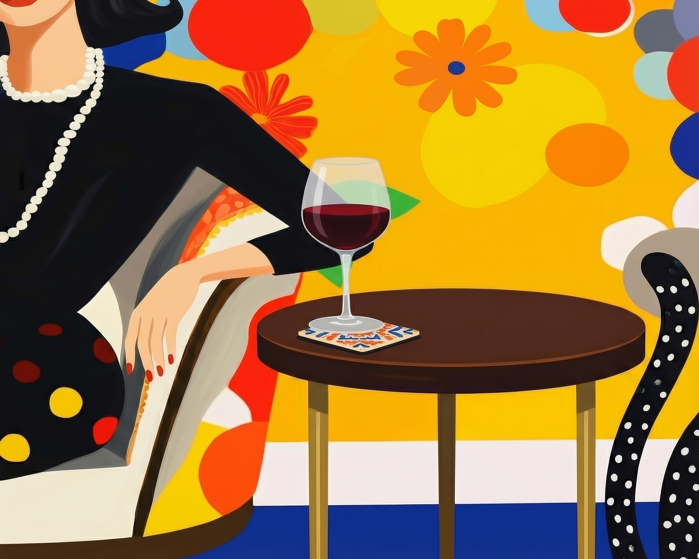 Pop-art style illustration of a woman seated confidently in a lounge chair, dressed in black with a pearl necklace, beside a table holding a glass of red wine, set against a vibrant background of bold floral patterns. Fun for adult viewers, with bright colours that can attract younger audiences too.
