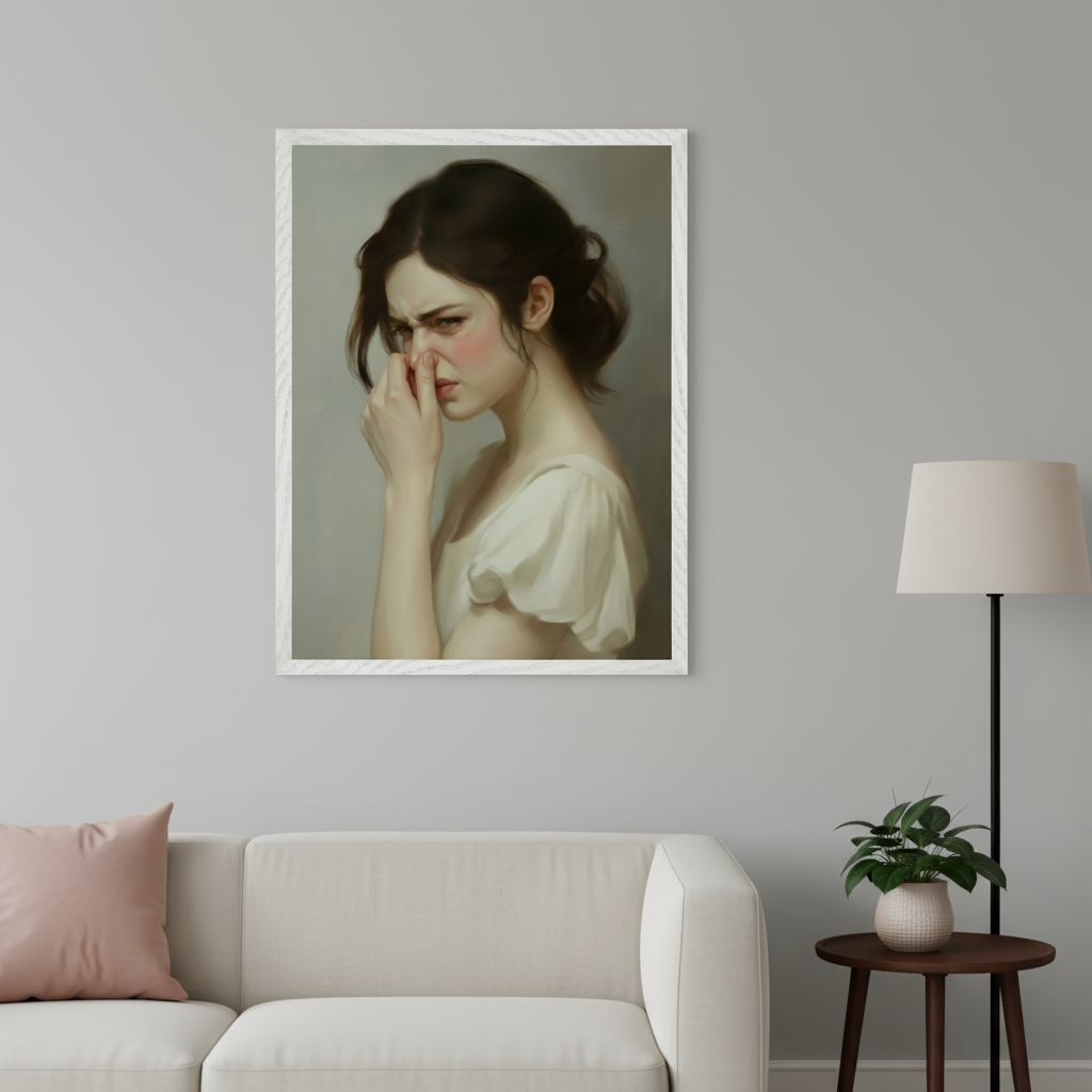 Modern living room with a light gray wall. A large framed realistic painting of a woman pinching her nose hangs above a beige sofa. A dark wooden side table and a floor lamp are to the right.