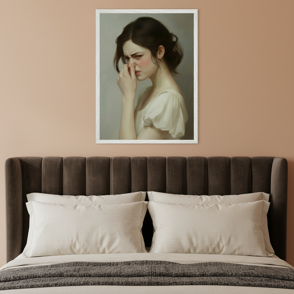 Modern bedroom with a dark brown upholstered bed. A framed realistic painting of a dark-haired woman in a white dress, pinching her nose, hangs centered above the bed.