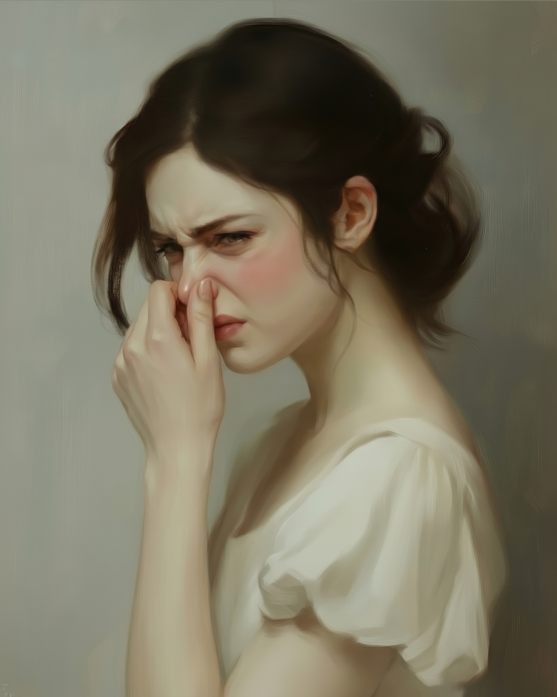 Portrait-style digital painting of a woman in a white dress with a scrunched-up face, pinching her nose in reaction to an unpleasant smell.
